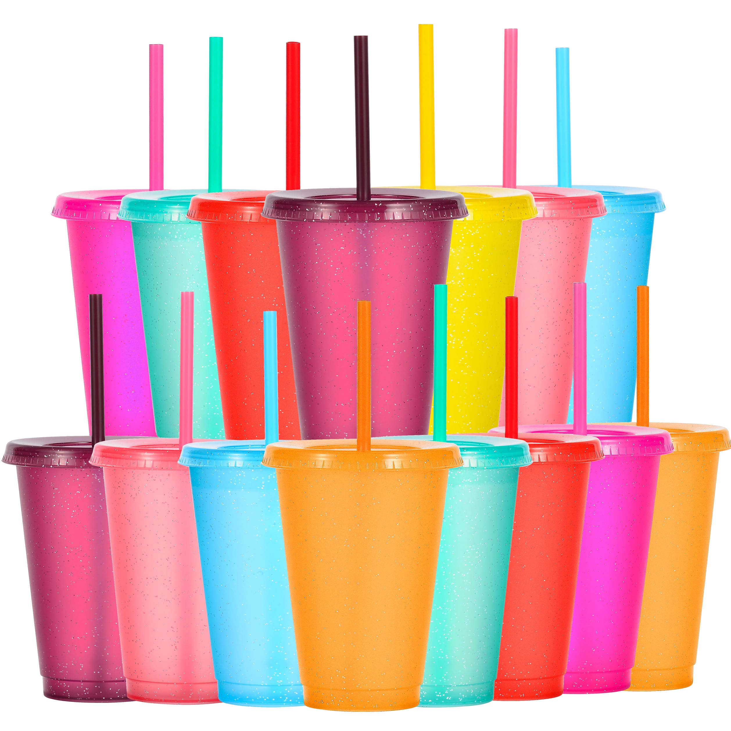 Confezione da 15 bicchieri di plastica riutilizzabili da 480 ml, con coperchio e cannuccia, per bevande fredde, caffè freddo, viaggi e frullati (15, colori glitterati)