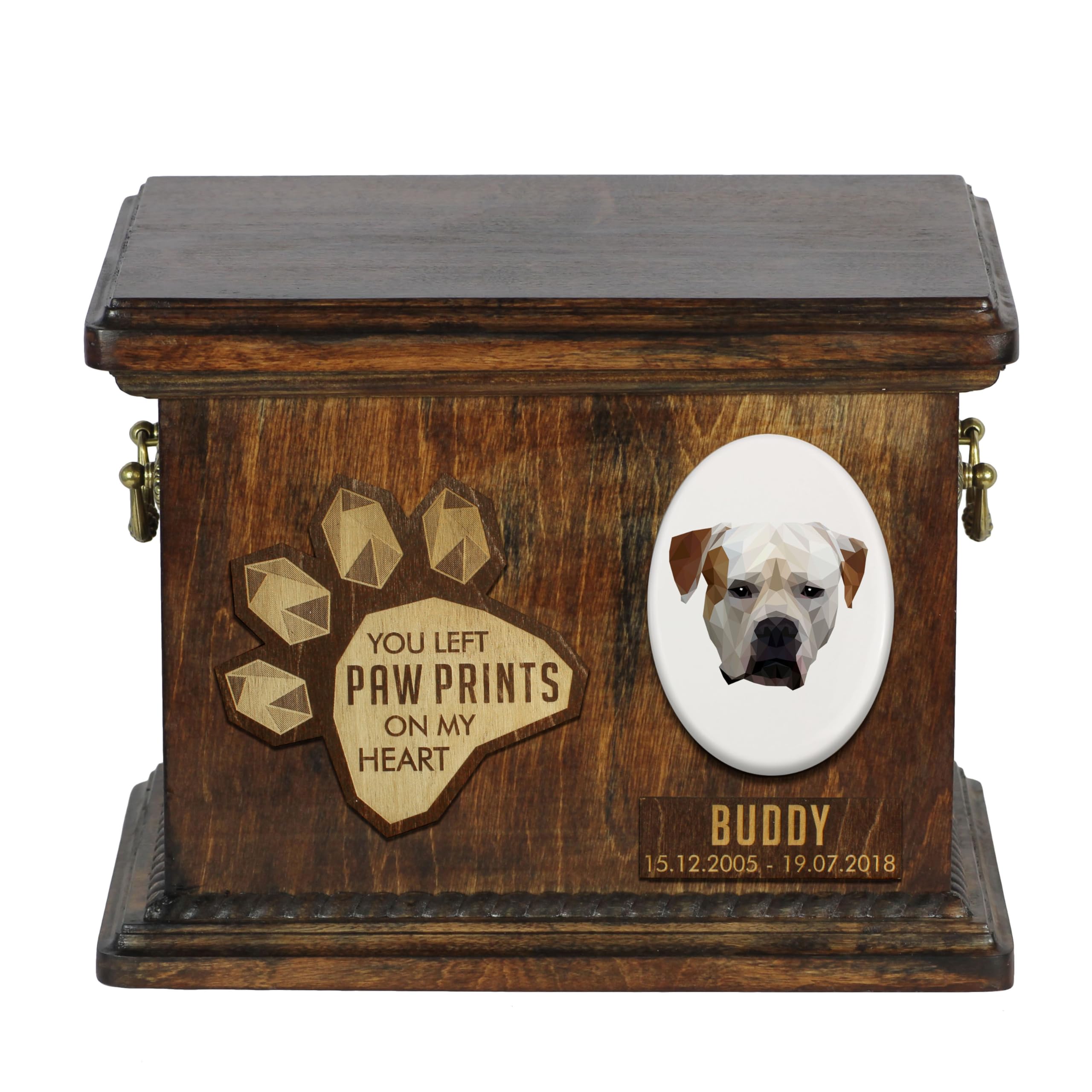 Art-Dog Custom Geometric Dog Memorial Urn - Handmade Wooden Urn – Decorative Ceramic Plate - Custom-made Dog Cremation Box for Ashes - 8,3x11,4x8,7” – American Bulldog — image 1