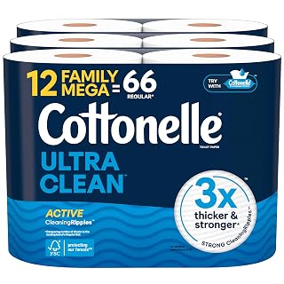 Cottonelle Ultra Clean Toilet Paper with Active CleaningRipples Texture, Strong Bath Tissue, 12 Family Mega Rolls = 66 Regular Rolls - Amazon product rated Grade A