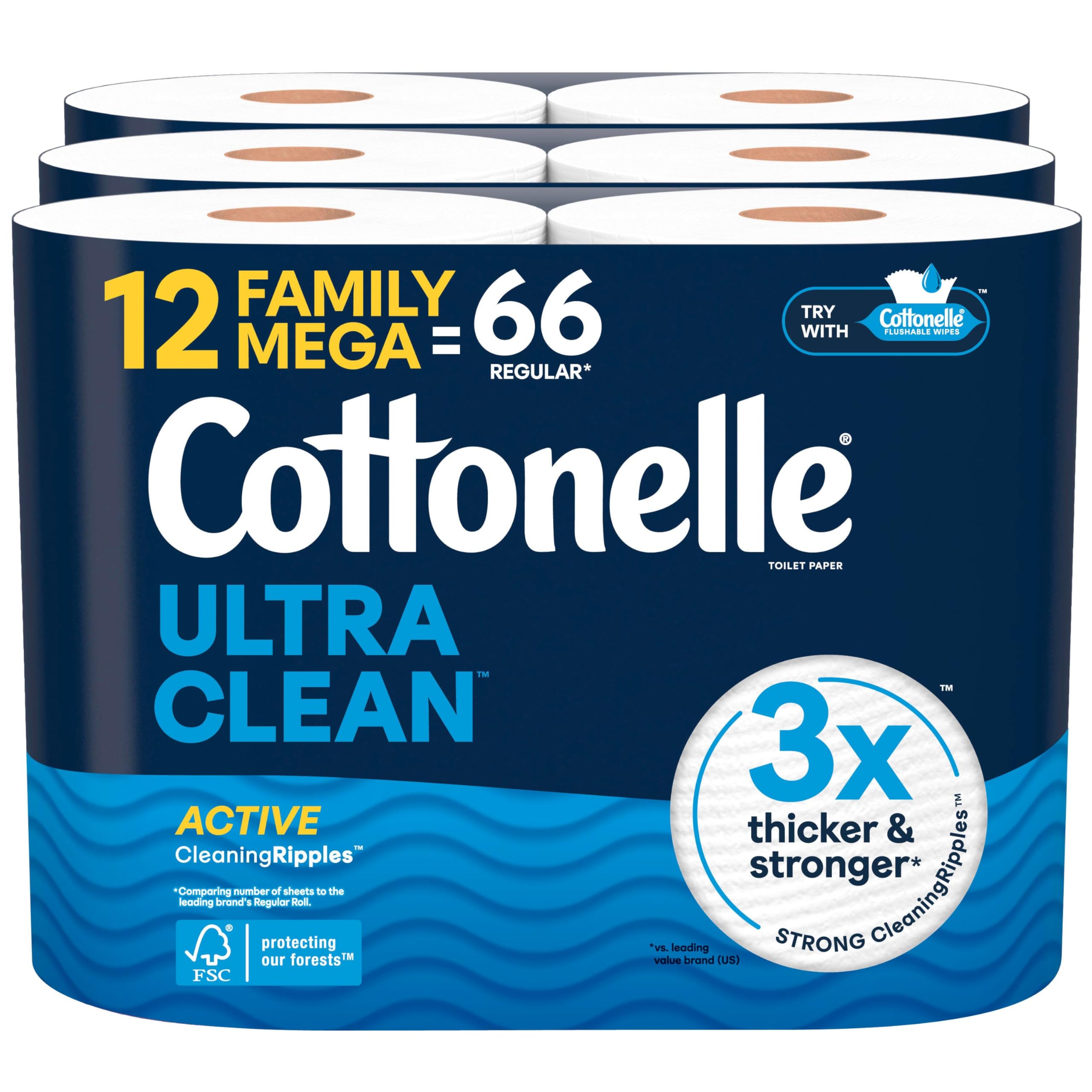 Cottonelle Ultra Clean Toilet Paper with Active CleaningRipples Texture, Strong Bath Tissue, 12 Family Mega Rolls = 66 Regular Rolls