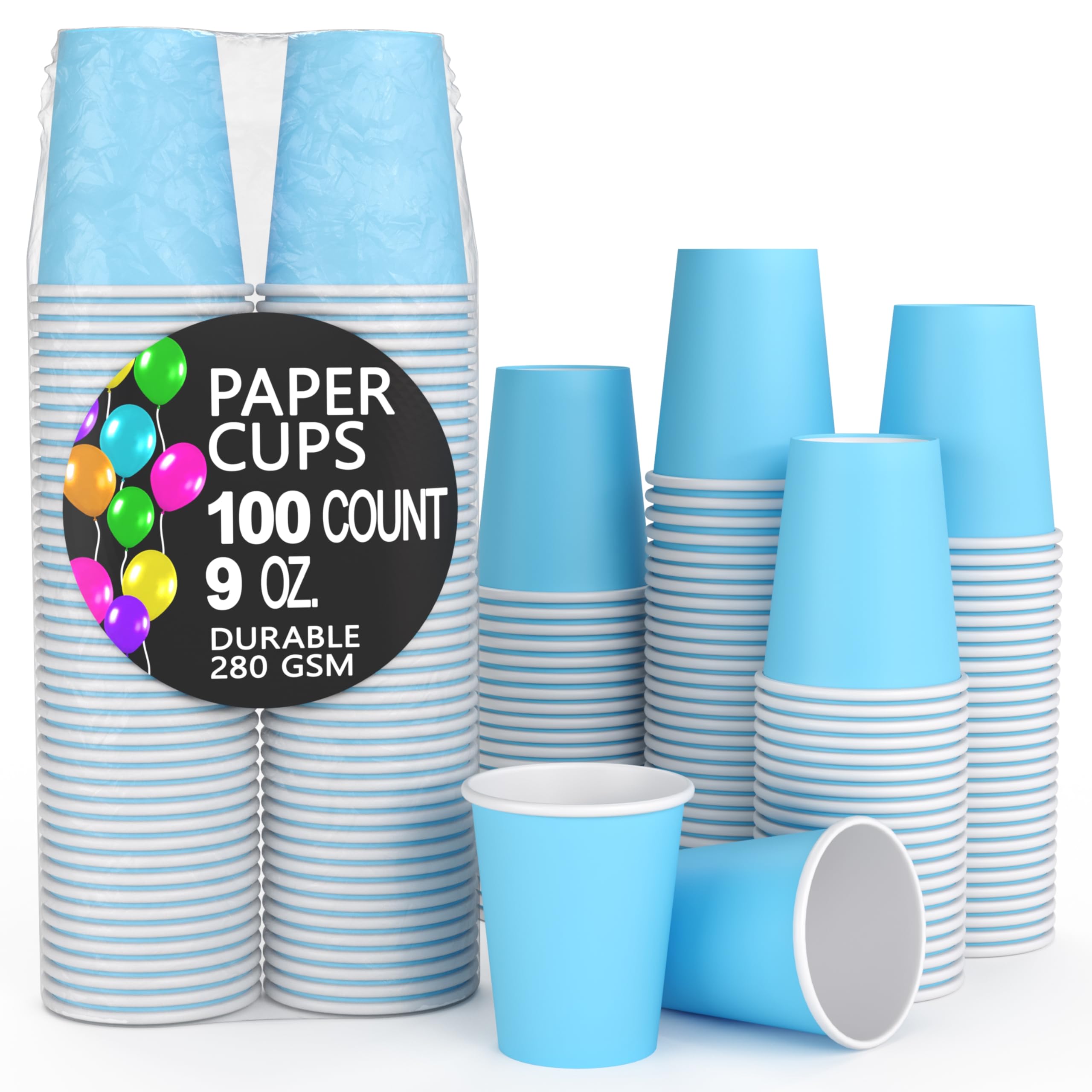 Party Solids Light Blue Paper Cups 9 oz Durable Disposable Cups 100 Paper Tumblers for Hot Drinks and Cold Drinks Thick 280 GSM Hot Cup for Tea & Coffee Cup To Go Fun Colors for Parties & Events