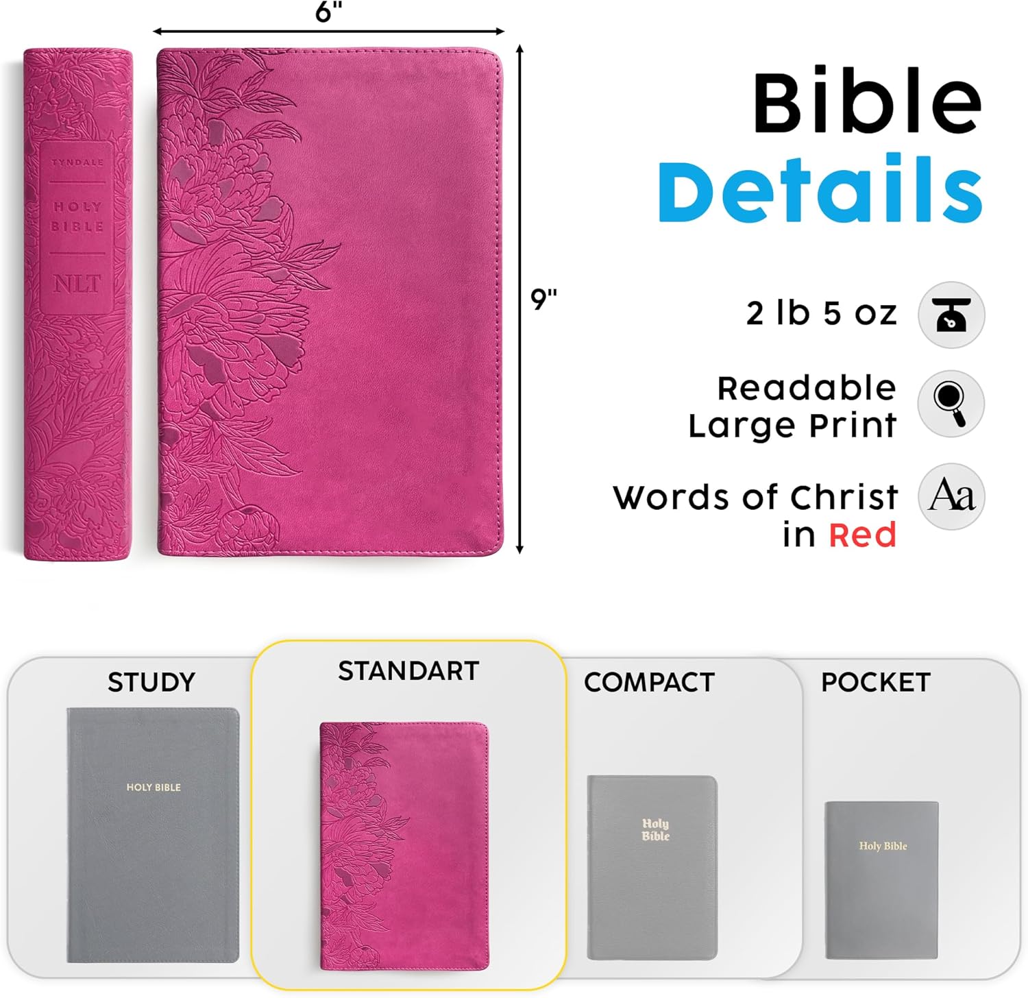 Printualist Personalized NLT Gift Bible with Custom Text and Frame Design, Peony Pink, New Living Translation Personal Size Bible, Faux Leather Christian Gift for Women, Baptism, Birthday