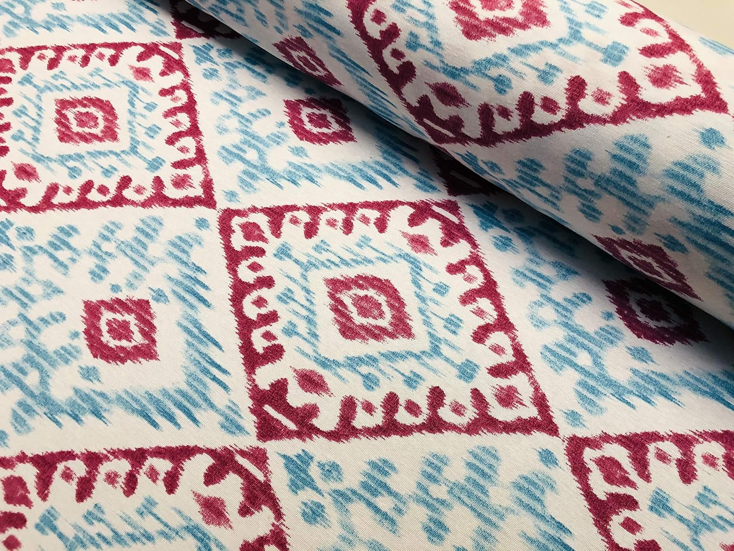 Kilim Aztec Spanish Geometric Diamond Tile Fabric Cotton Panama Curtain Upholstery Material - 55"/140cm Wide - Aqua Blue & Raspberry Red (2 Metres)