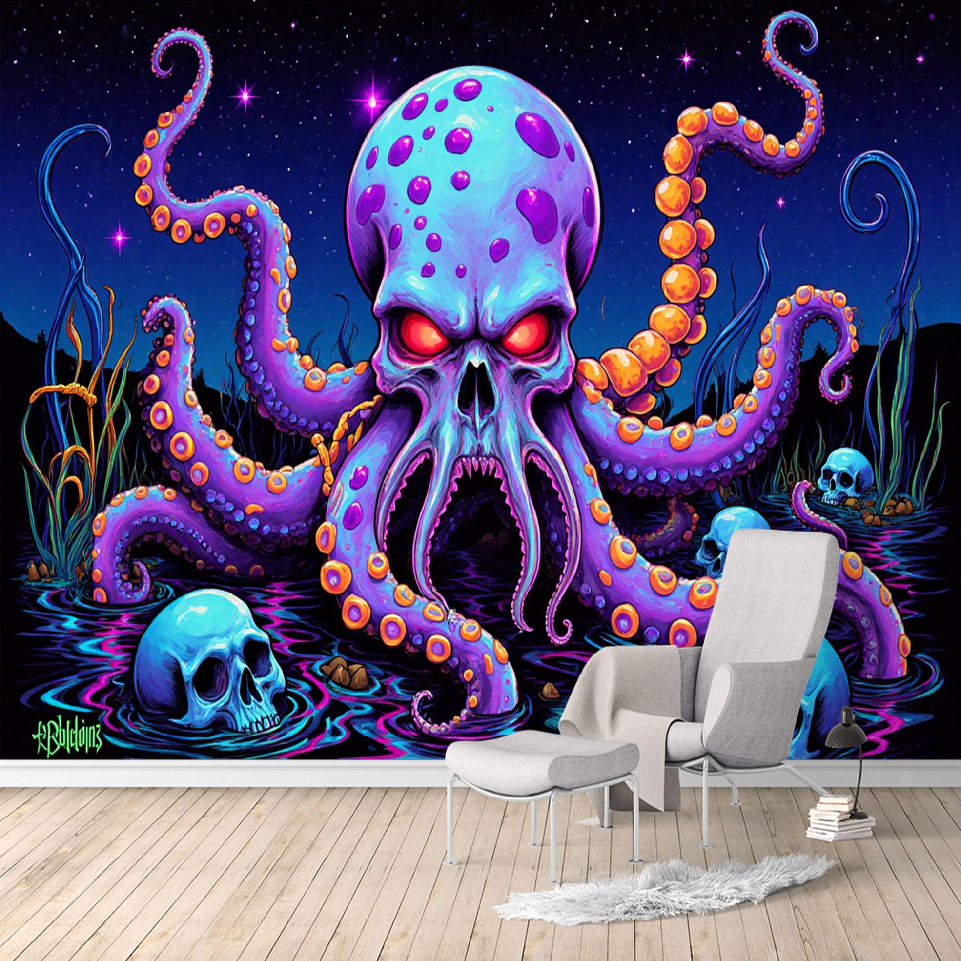 Custom Size Wall Murals, Skull Octopus Tentacle Scary Gothic Dark Ocean, SelfAdhesive Water Activated Removable Wall Covering, Large Photo Wallpaper for Living Room Bedroom Office