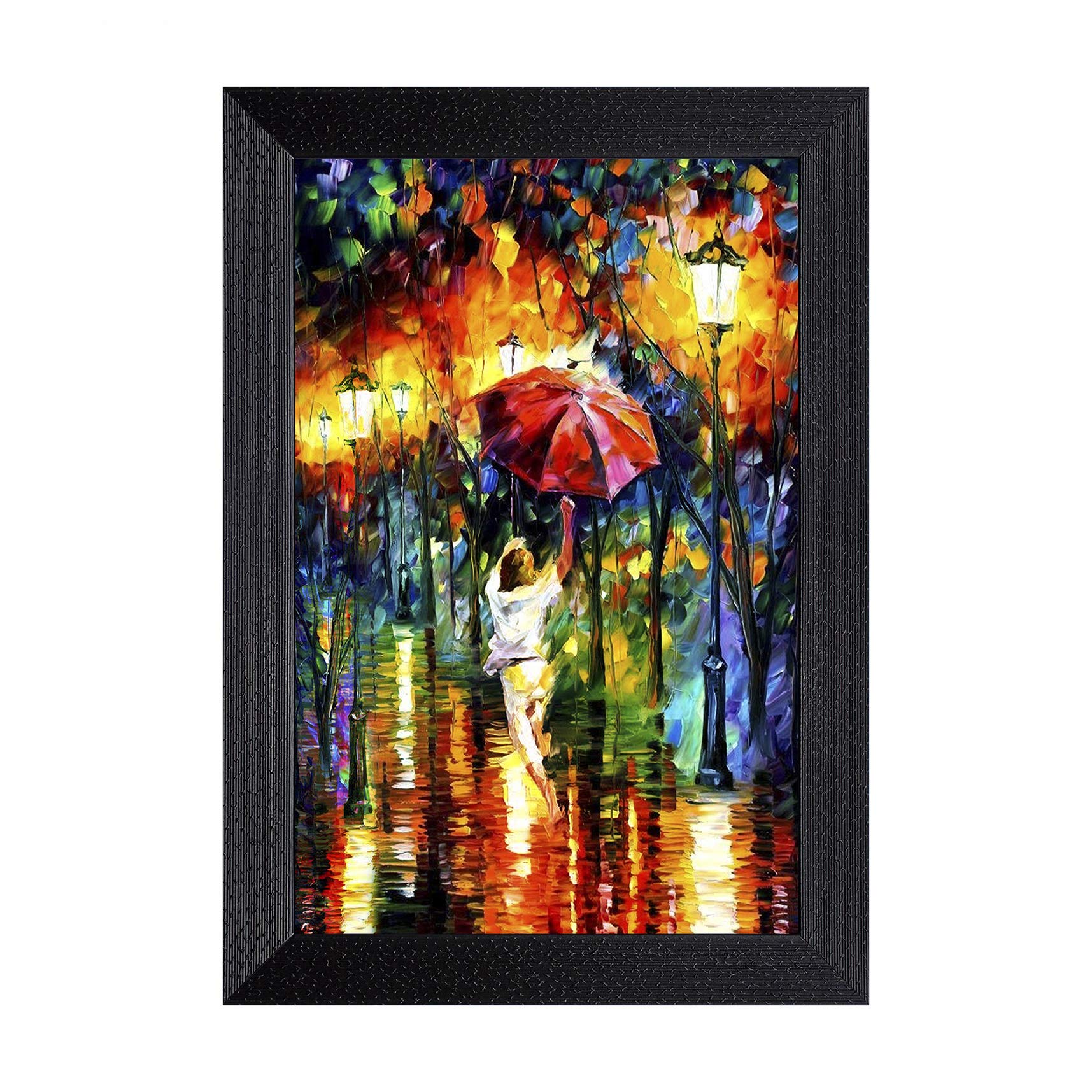Ritwika's Umbrella Boy Enjoying In Rain Lights - Painting With Black Photo Frame For Interior Design And Decor New Home | 9.5 X 13.5 IN | Set Of 1