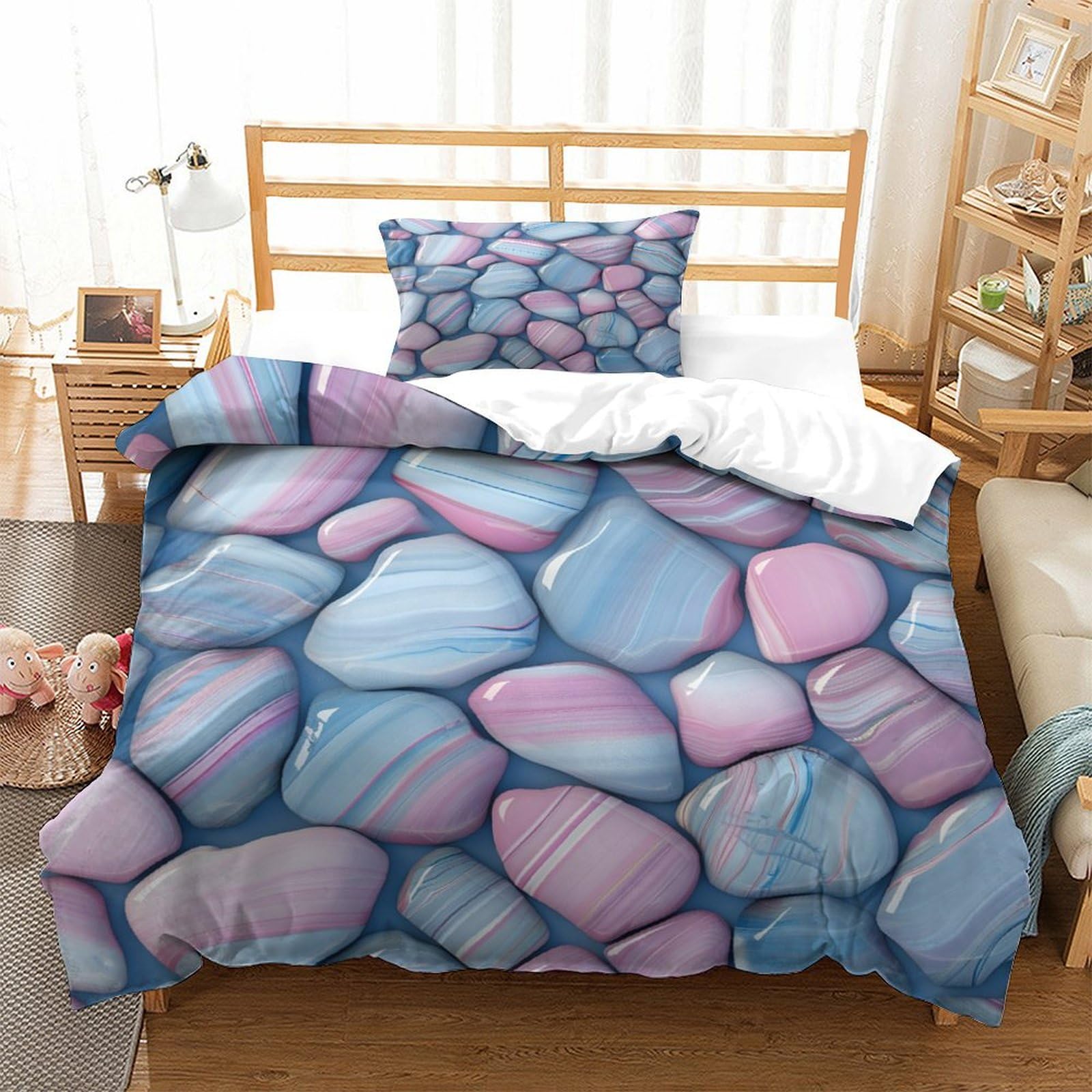 P1S9U7W5Y 3D Printed Pebble Pattern Duvet Cover Set 3pcs Microfiber River Stone Bedding Set Soft for Bedroom Single（135x200cm）