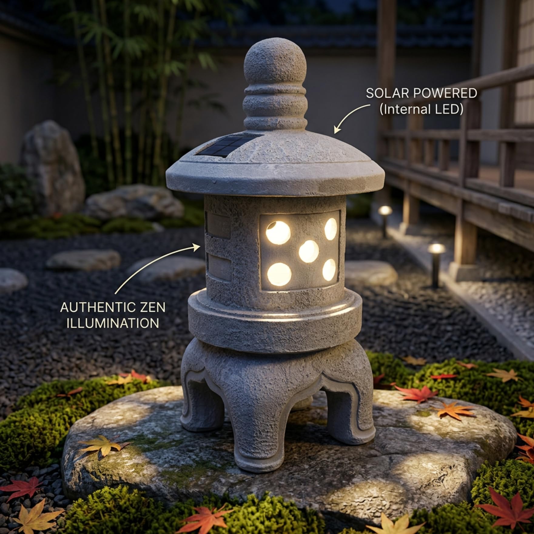 Lampada da pagoda solare per decorazioni da giardino giapponese, statua da giardino con pagoda con finitura in pietra per esterni con accensione/spegnimento automatico per patio