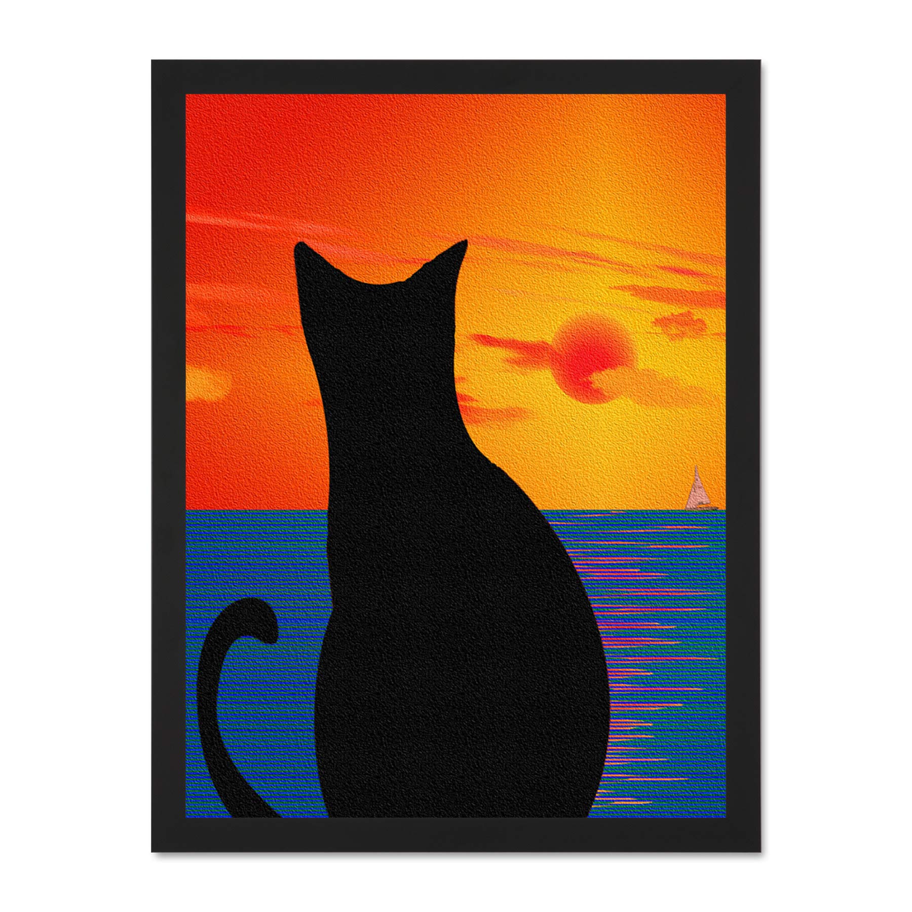 Wee Blue Coo Cat Landscape Abstract Silhouette Sunset Sea Boat Large Framed Art Print Poster Wall Decor 18x24 inch