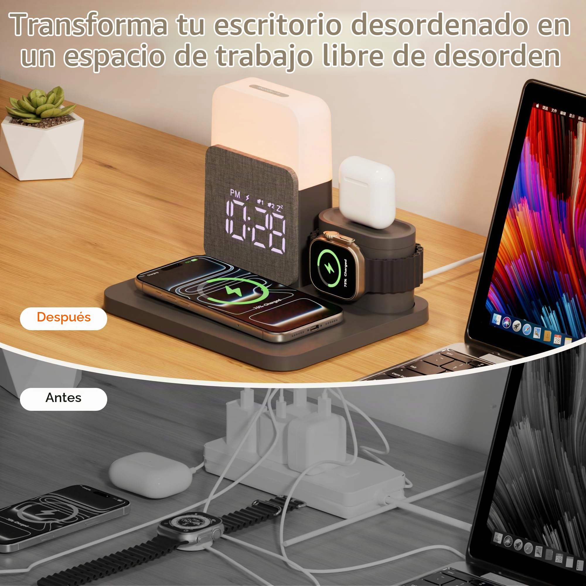 5 en 1 Cargador Inalambrico para i Phone 17-11, con Reloj Despertador | Stazione Ricarica a pple Watch y Air-Pods Caricatore Wireless y Luz Nocturna Adaptador Incluido – para Dormitorio Oficina