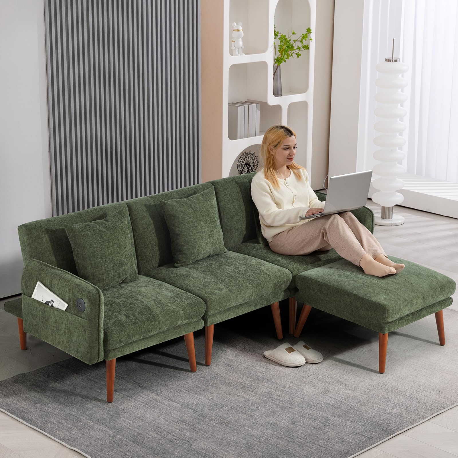Sectional Couches Convertible Sofa Bed Comfy Sofa with Adjustable Armrest and Backrest for Living Room Bedroom Office Modern Chenille Fabric 87 in (3-seat, Green)
