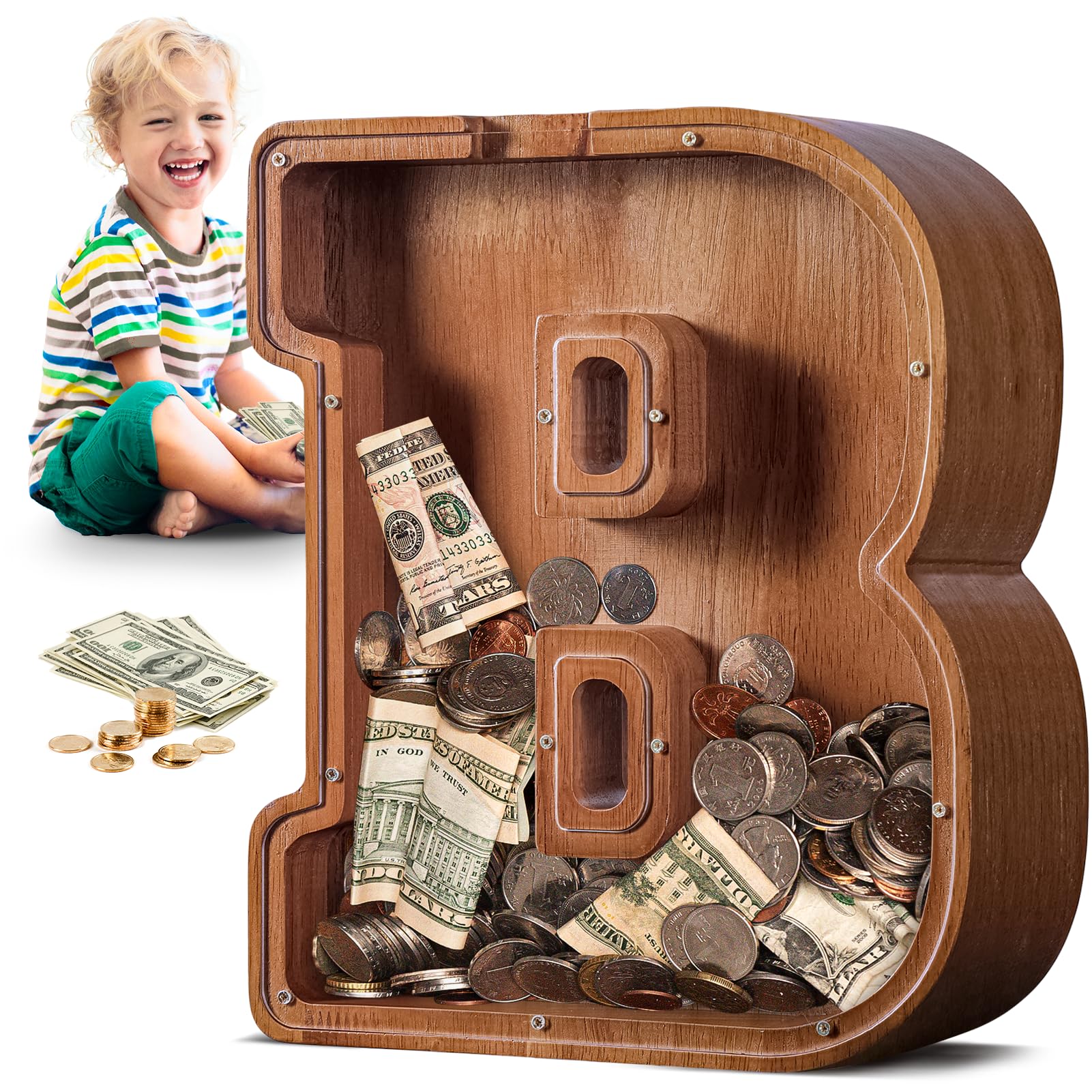 Summidate Spardose für Kinder Junge, Personalisiert Holz Großes Sparschwein, Unzerbrechliches Buchstabe A-Z Sparbüchse für Kinder Mädchen, Erwachsene, Geschenk&Dekoration