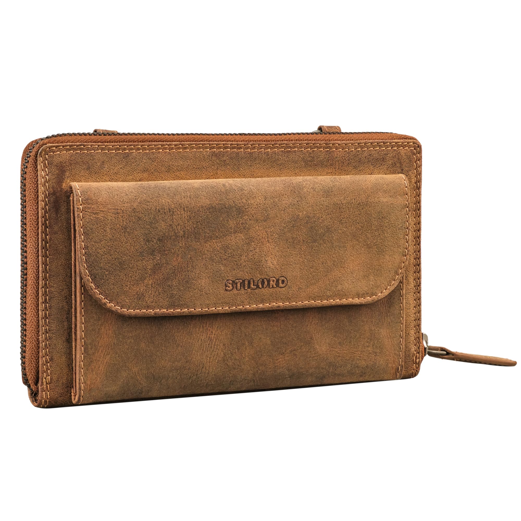 STILORD Monica 4 in 1 Leder Geldbörse mit Handyfach Damen Clutch Geldbeutel zum Umhängen Schultertasche Klein Crossbody Portemonnaie für Frauen Handytasche Echtleder Farbe:Bergamo - braun