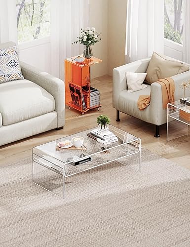 Miniatura 5 de Acrylic Coffee Table for Living Room Clear Rectangle Lucite Table with Open Storage Shelf, Clear Transparente,Marrón