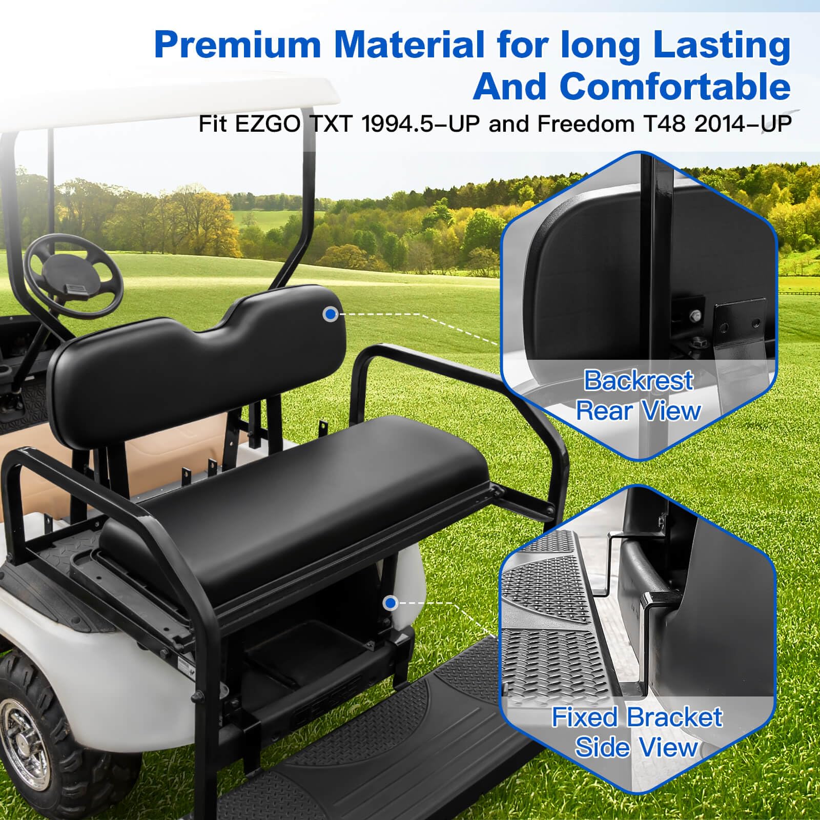 Condition photo showing New/Like New for nokins golf cart rear seat kit, back flip seat for ezgo txt 1994.5-up & freedom t48 2014-up, 1.25-inch square steel frame, integrated seat belt mounts, uv-resistant, high-density foam padding(black)