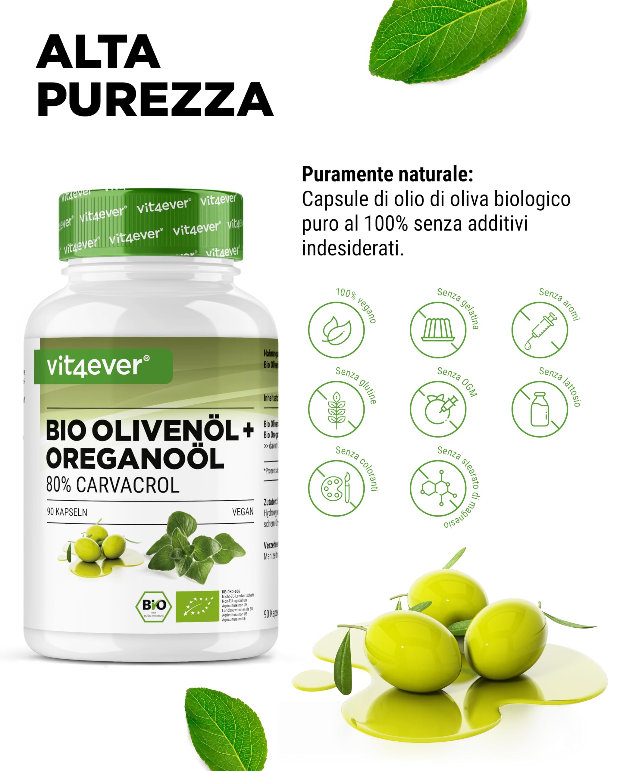 Olio di origano biologico e carvacrolo 80 mg - 90 capsule con olio d’oliva vergine da coltivazione controllata - Origano greco ad alto dosaggio - Vegano