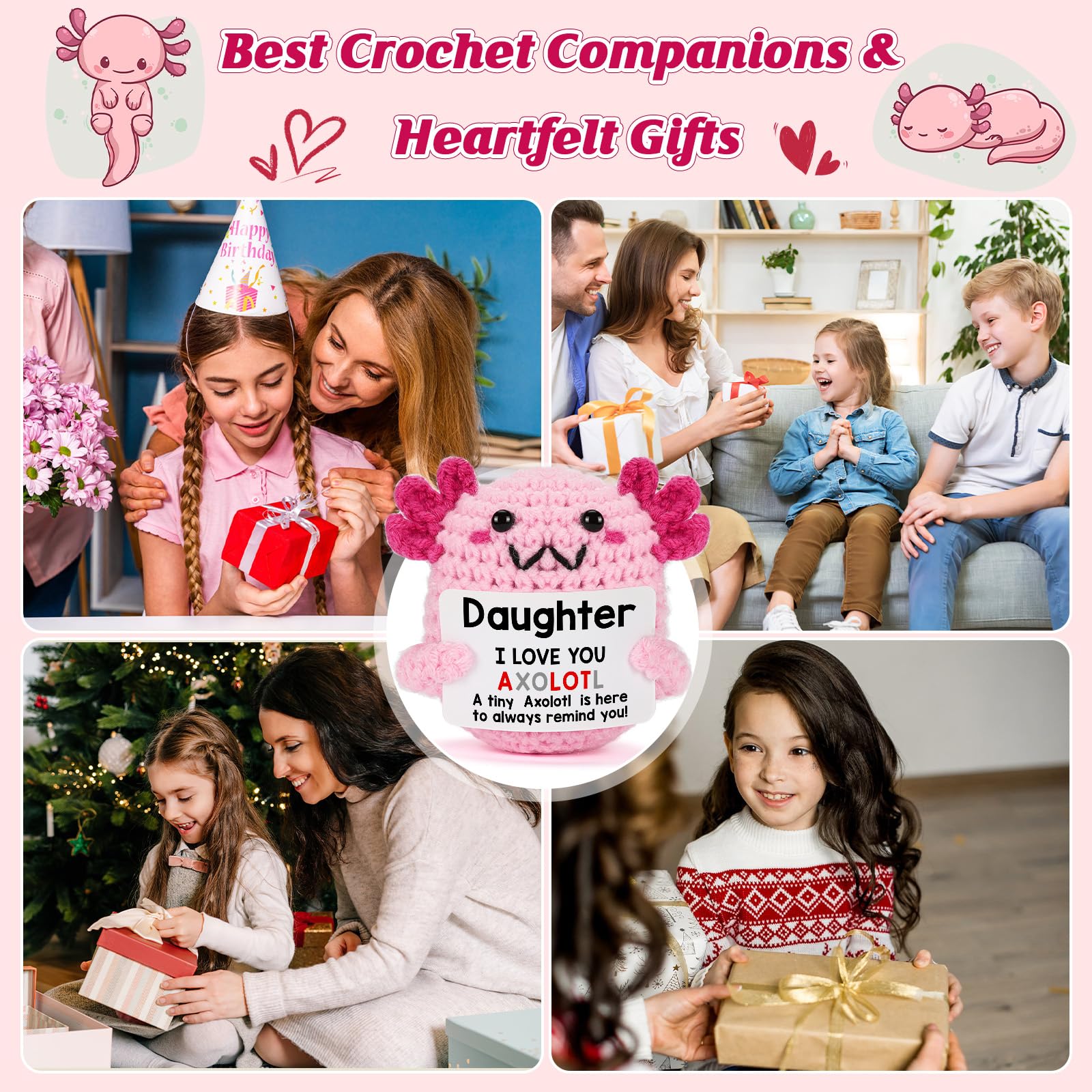 Daughter Gifts from Mom on Mothers Day, Handmade Crochet Axolotl Plush with I Love You Sign, Teen Girl Trendy Stuff, Birthday Christmas Valentines Easter Basket Stuffers for Tweens Kid