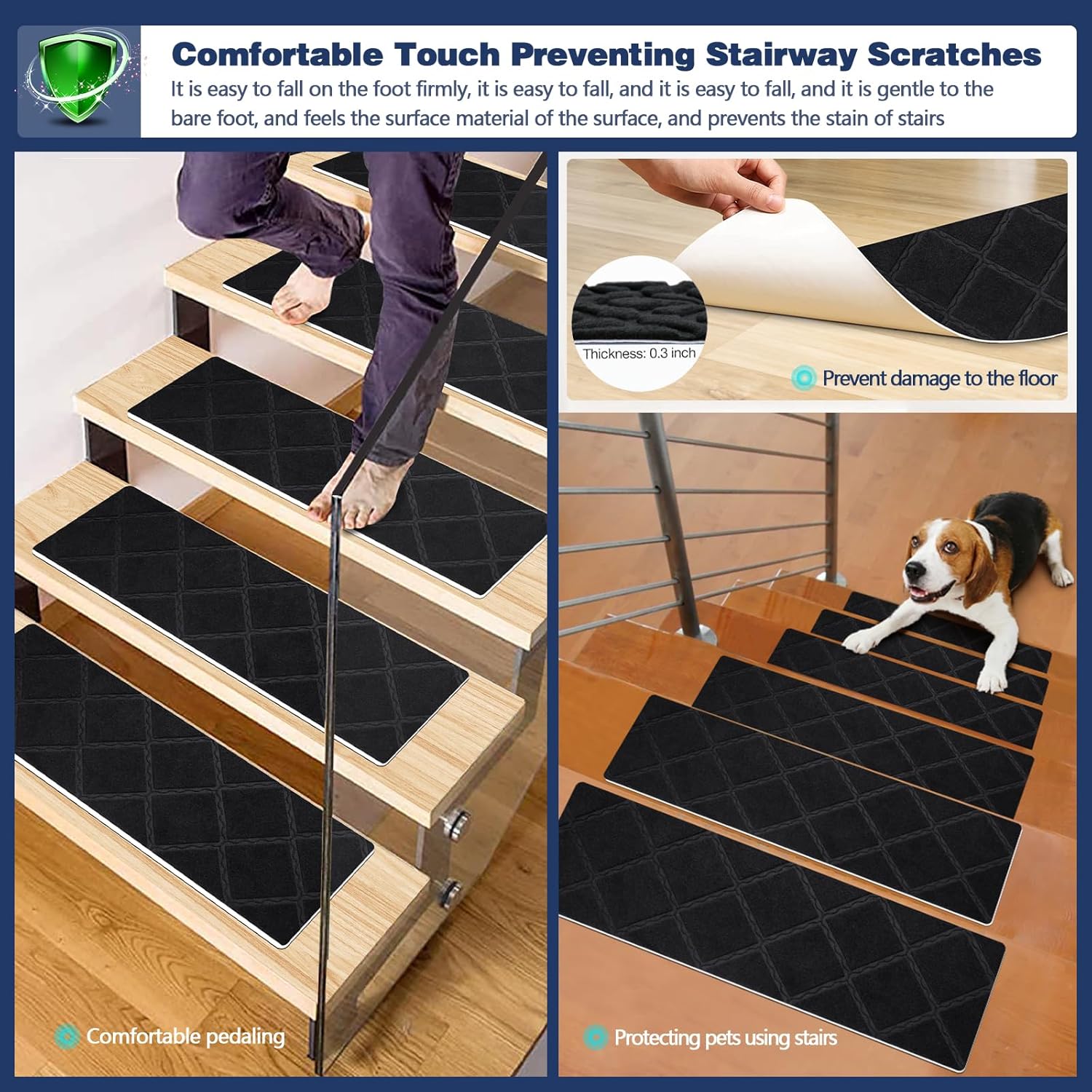 Non Slip Stair Carpet Treads for Wood Steps 8" X 25.6" (15 Pack), Indoor Stair Mats Covers with Adhesive, Anti-Slip Stair Runner Rug for Kids Elders and Dogs