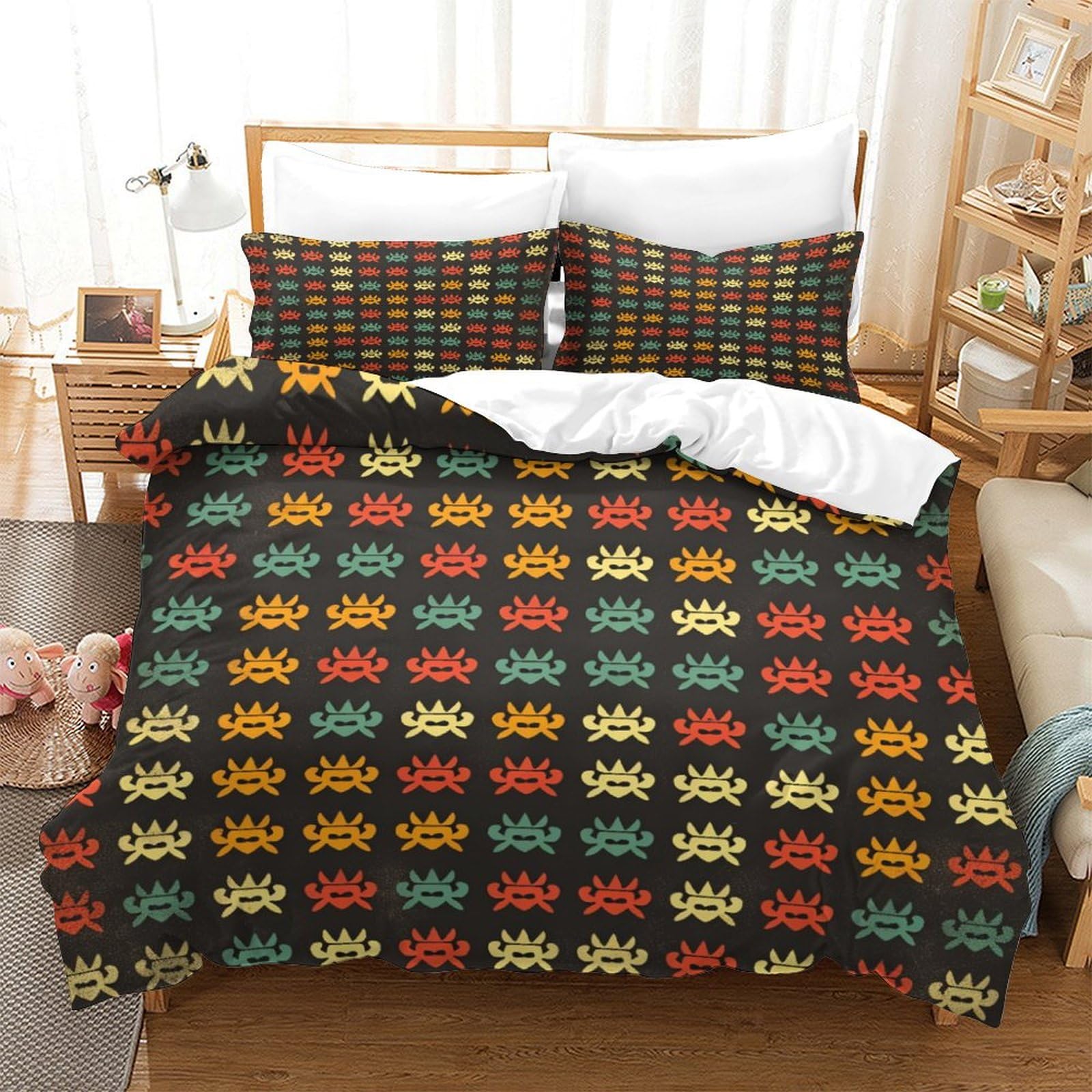 P1S9U7W5Y Retro Pixel Alien 3D Printed Duvet Cover Set 3pcs Microfiber Colorful Alien Bedding Set Double（200x200cm）