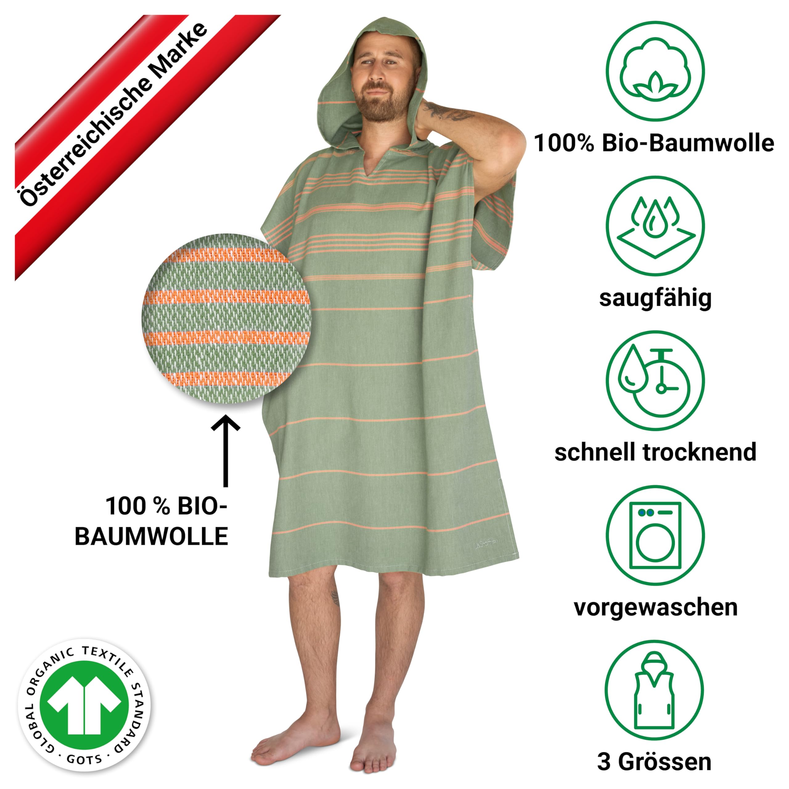 LeStoff Badeponcho - 100% Bio-Baumwolle - Leicht, Saugstark, Schnelltrocknend, Strandponcho, Handtuchponcho, Surfponcho, Umkleideumhang, Handtuchkleid, Duschponcho, Umziehponcho (Olive-Orange, M)