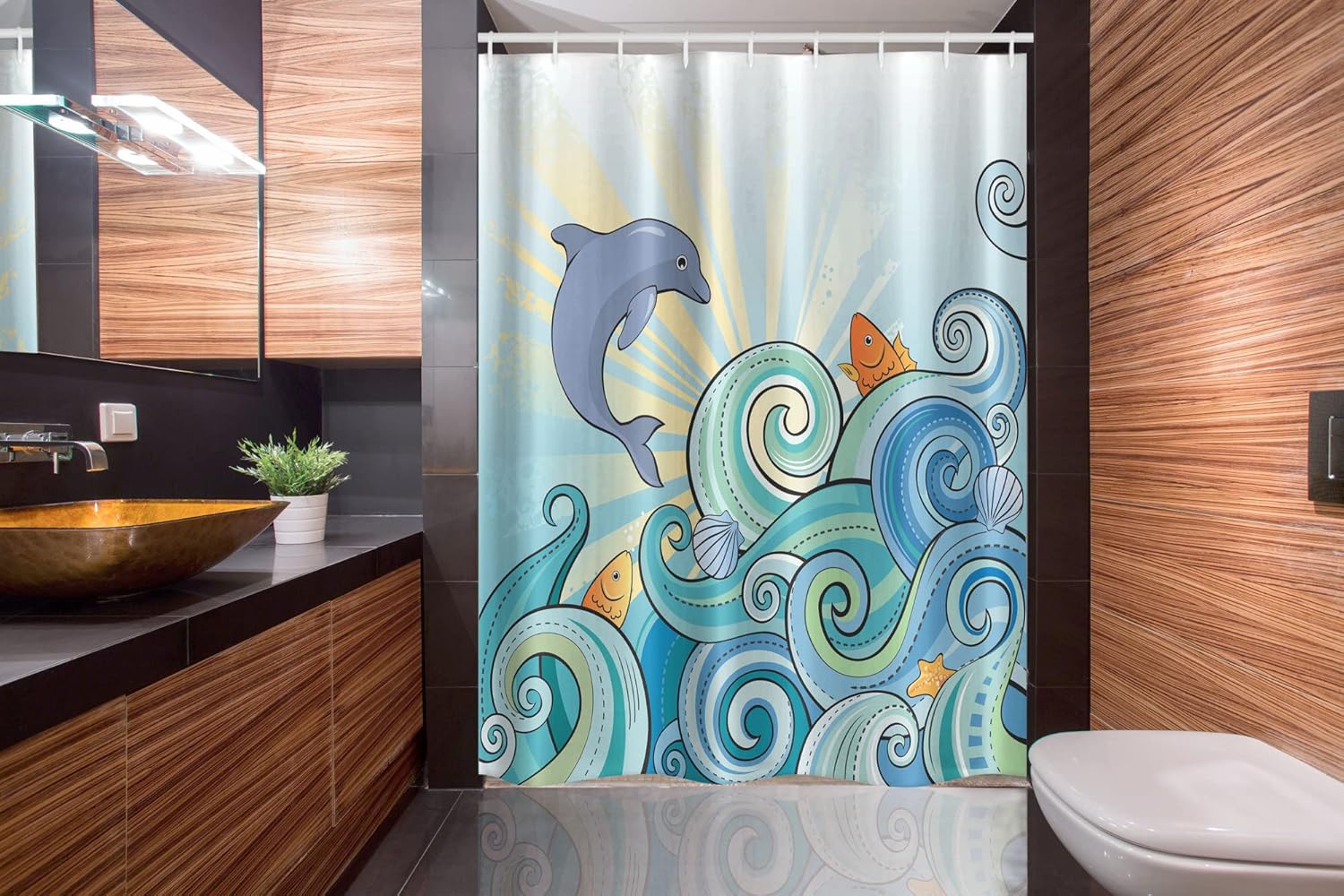 Ambesonne Sea Animals Stall Shower Curtain, Dolphin Fish Starfish Shells in Ocean Marine in Summer Pattern Print, Fabric Bathroom Decor Set with Hooks, 54" W x 78" L, Cream Cadet Blue Sea Blue