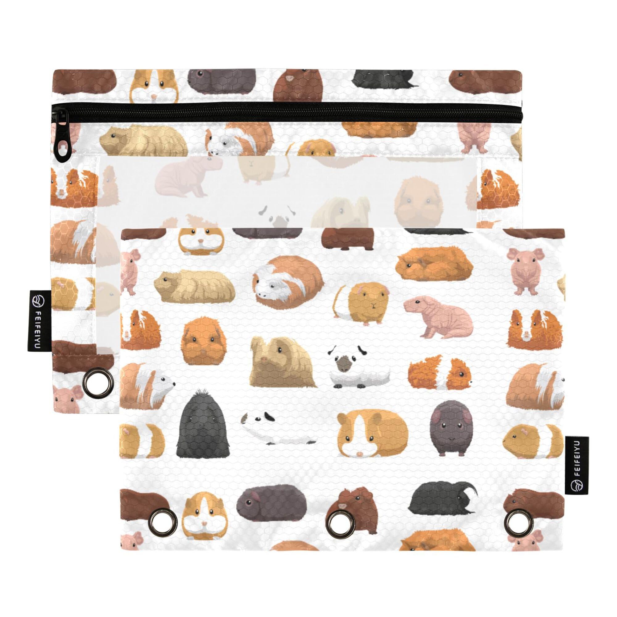 Guinea Pigs Cartoon Pencil Pouch for 3 Ring Binder Pencil Case Pencil Bag Zipper Pouch with Clear Window for Office 2 Pack