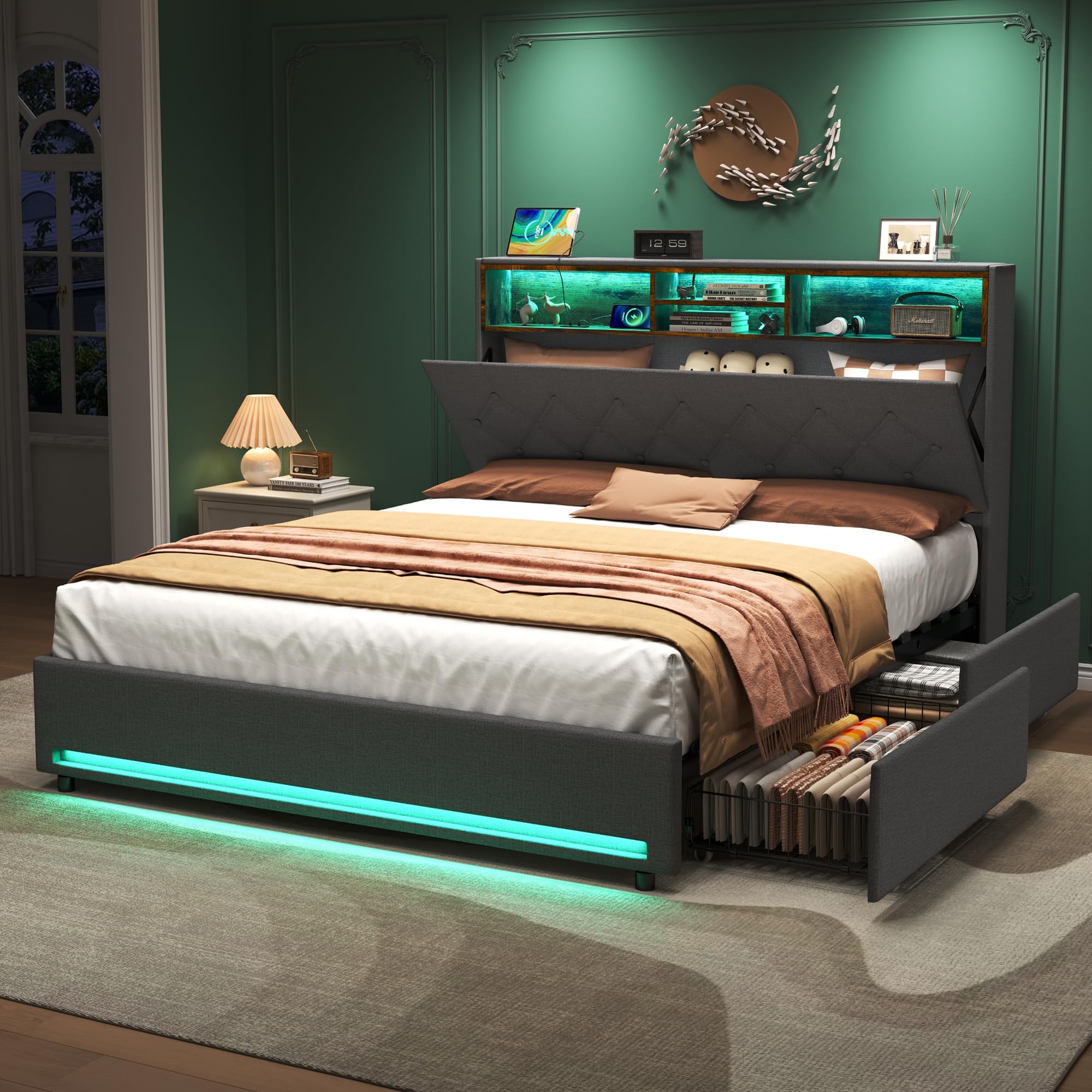 Ball & Cast 4ft6 Double Bed Upholstered Bed Frame 135x190 cm with Storage 4 Drawers, Storage Headboard with LED Lighting and Charging Station, Platform Bed Frame with Slats, No Mattress, Linen Grey