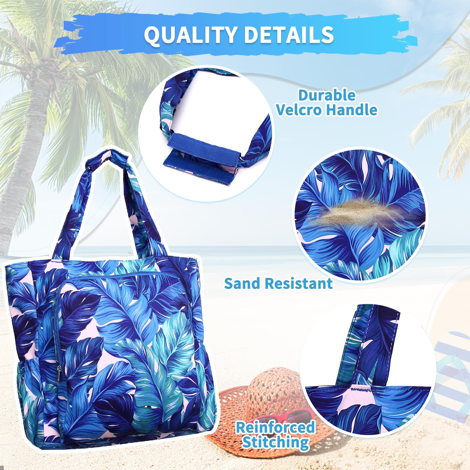 Chase Chic Bolsa de Playa Grande Familiar para Mujer con Cremallera, Impermeable, 8 Bolsillos - Bolso Tote Plegable para Playa, Piscina, Viaje, Gimnasio Hoja de Plátano Azul