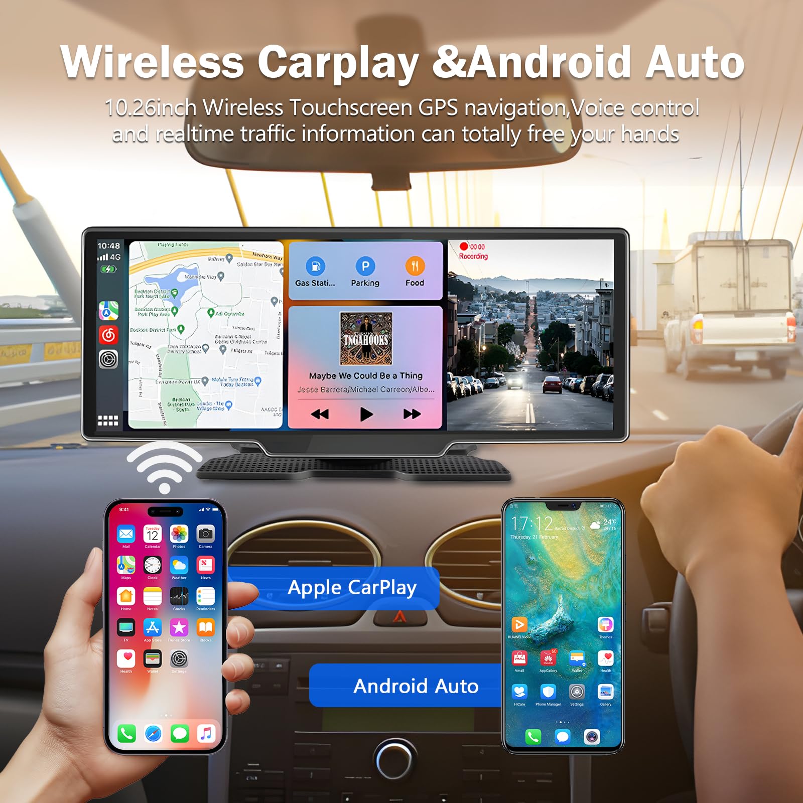 Autoradio Portatile 10.26'' CarPlay Wireless & Android Auto, Dash Cam 4K, Telecamera Retromarcia 1080P, Schermo Auto, Navigatore GPS, Airplay, Mirror Link