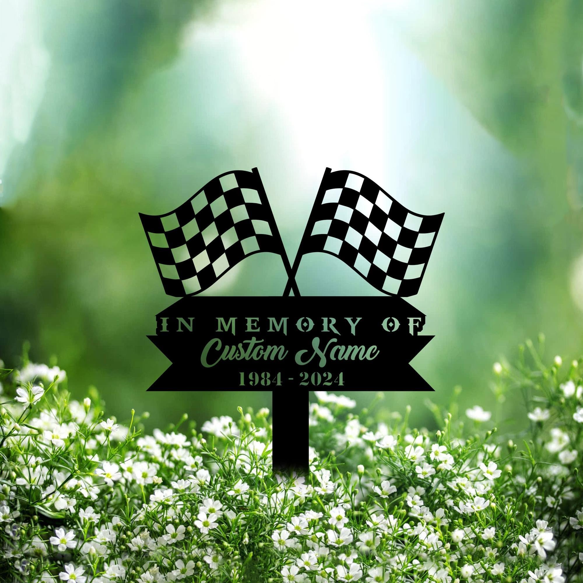 Custom Start Finish Racing Flag Metal Memorial Stake Personalized Racer Grave Marker Name Sign Race Checkered Flag Remembrance Stake Decor,Remembrance