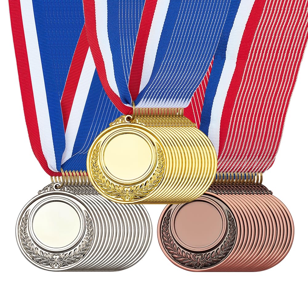 FINGERINSPIRE 48Pz Medaglie Premio Vuote con Nastri per Il Collo, 74cm di Lunghezza in Oro/Argento/Bronzo Antico Crea Il Tuo Kit di Medaglie Medaglia da Tifo Premio per Competizioni di Giochi Sportivi