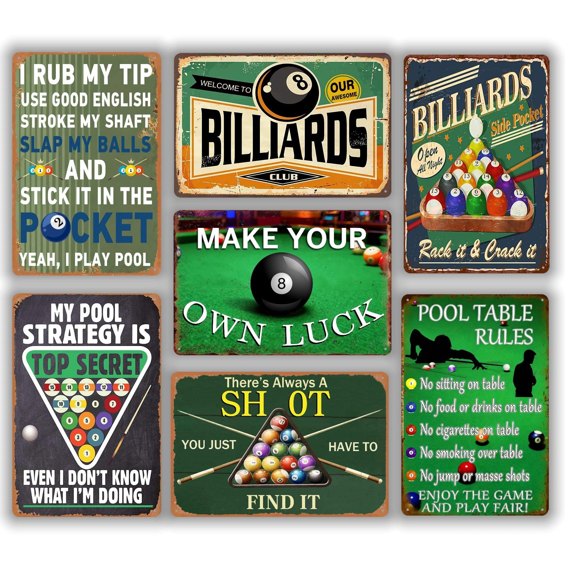 Funny Billiards Metal Tin Sign, Vintage Style, 20x30 cm, Set of 7, Wall Art for Game Room, Man Cave, Sports Bar, Unique Gift for Men