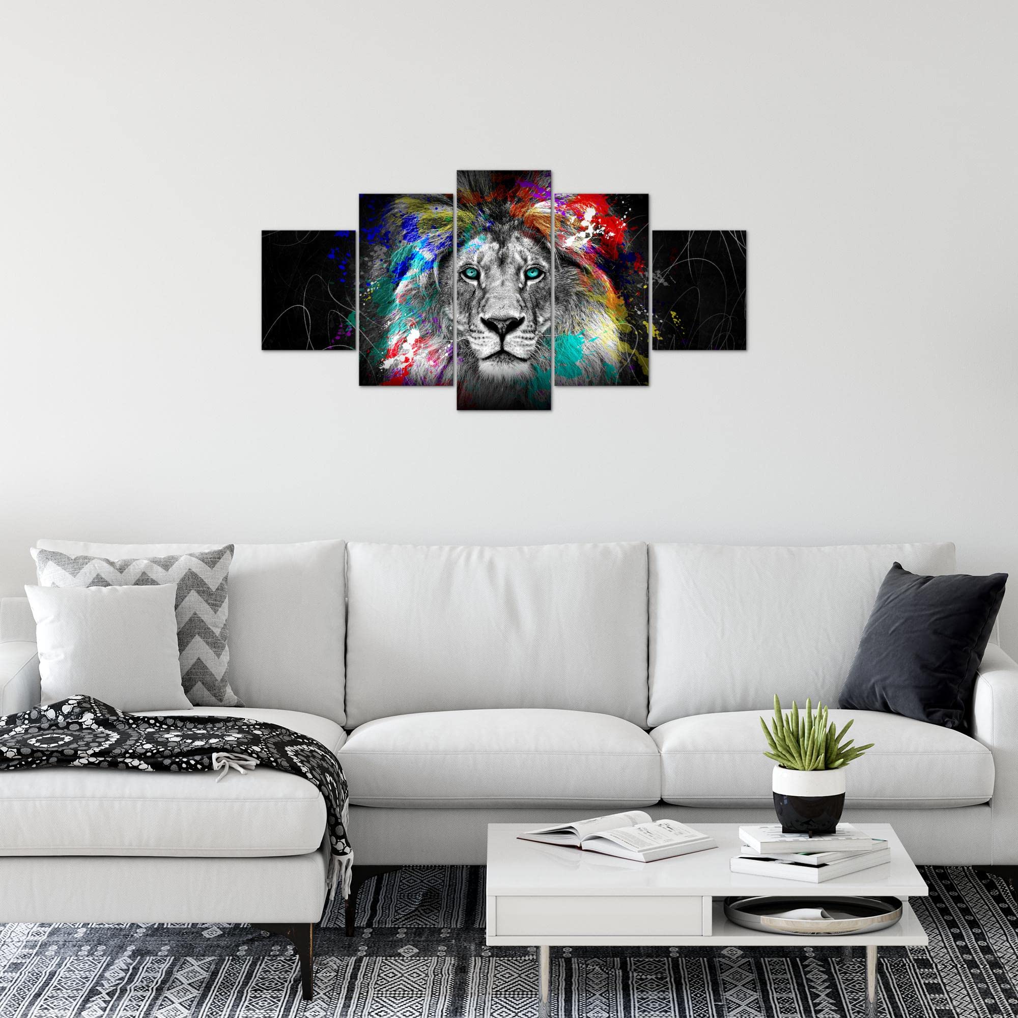 Tableau Mural Lion Coloré Street Art Graffiti 5 Panneaux – Toile Intissée Grand Format – Décoration Chambre Salon Moderne & Urbaine