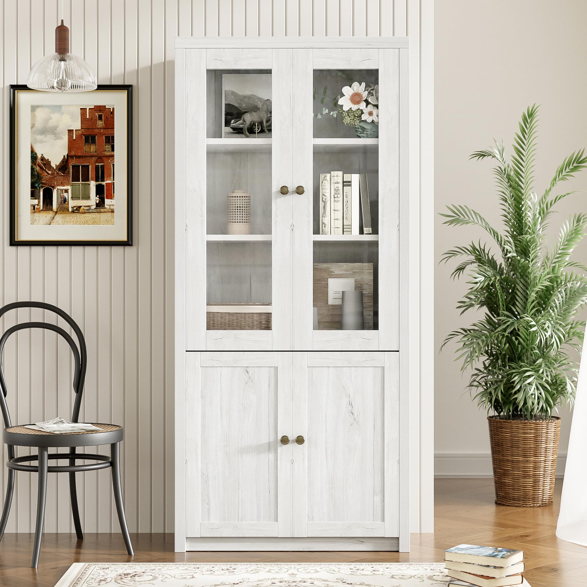 Armario alto de cristal de 171 cm de altura, con 2 puertas de cristal y estante, archivadores, buffet, armario de cocina, aspecto de madera, para salón, oficina y pasillo (color blanco con puertas)