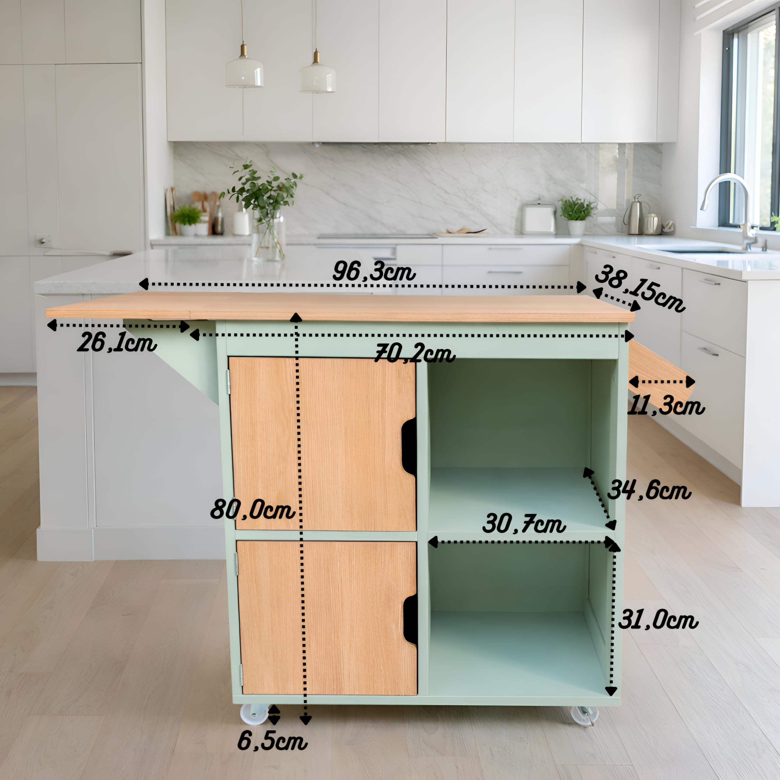 Isla de Cocina con Ruedas, Carrito de Cocina de Madera Verde, Mueble Desayunador Pequeño Auxiliar con Encimera Extensible, Armario Móvil para Cafetera y Microondas