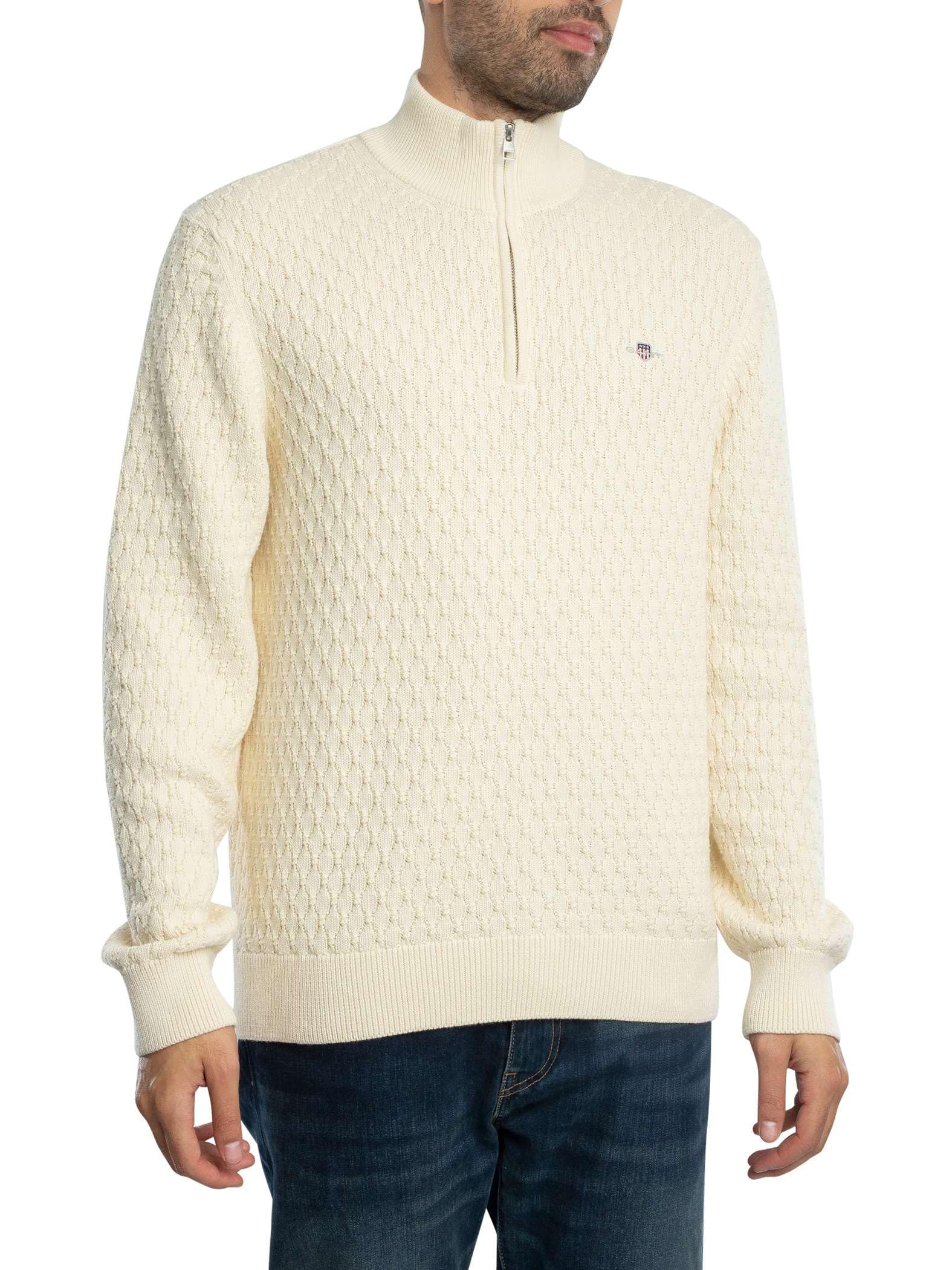 GANT Textured Cotton Half Zip, Cream, L