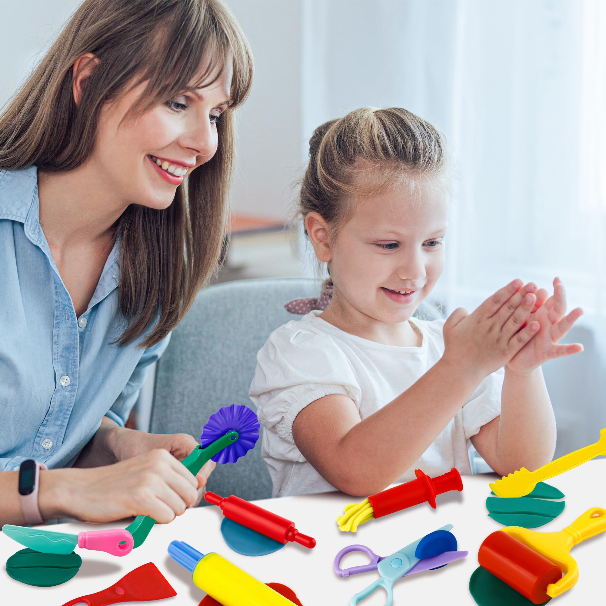 Oun Nana Playdough Tool Set for Kids, 10 PCS Basic Playdough Starter Set, Playdough Accessories with Pizza Cutter, Safety Scissors, Rolling Pin, Roller, Dough Extruder, Plastic Playdough Toys - Image 7