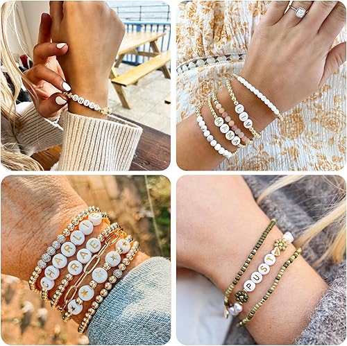 Miniatura 6 de GRTBIZI 100 cuentas redondas de letras acrílicas de 0.157 x 0.276 pulgadas, cuentas de letras C de oro blanco para pulseras, collares, fabricación