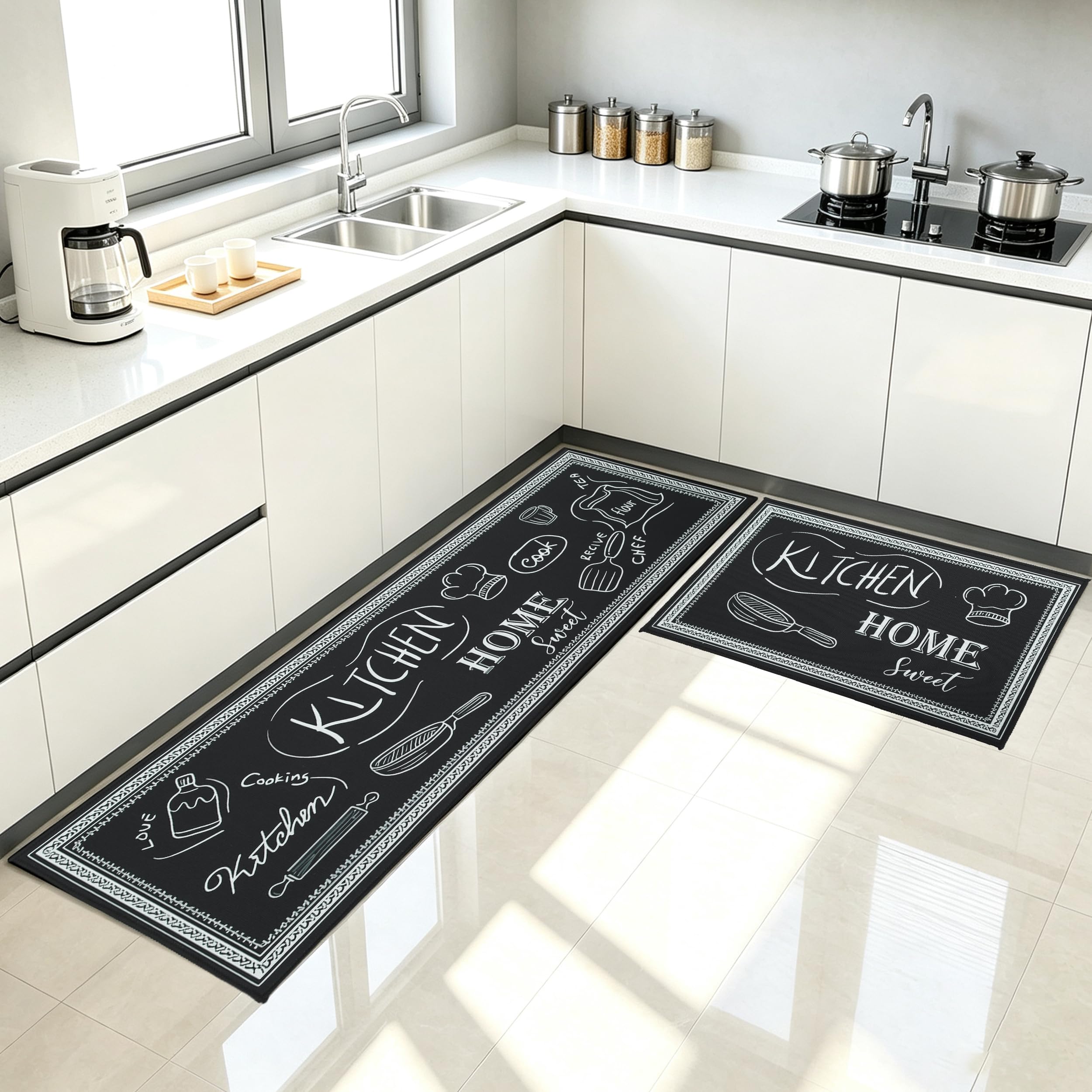 LHHMZ 2 Pieces Kitchen Rug Set, Non Slip Washable Kitchen Mat Set, Standing Floor Mats for Hallway Office Home Decoration, 43x75cm + 43x120cm