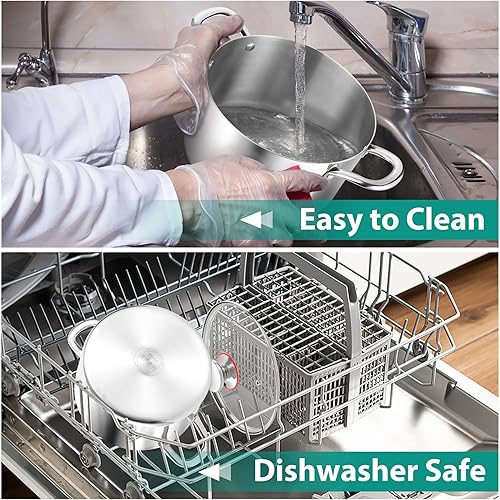 Miniatura 7 de E-far Olla de 4 cuartos de galón, olla de cocina de acero inoxidable de tres capas con tapa de vidrio y asas remachadas, olla de sopa de pasta de