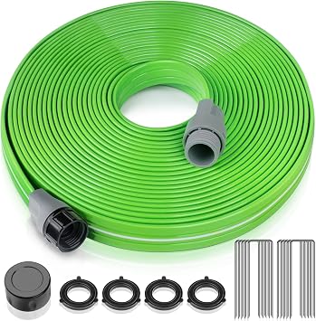 LAVEVE Heavy Duty Sprinkler Soaker Hose 50 FT, Flat Garden Hose with Holes | Efficient Flexible Irrigation Hose for Yard, Lawn and Garden, Includes Stakes