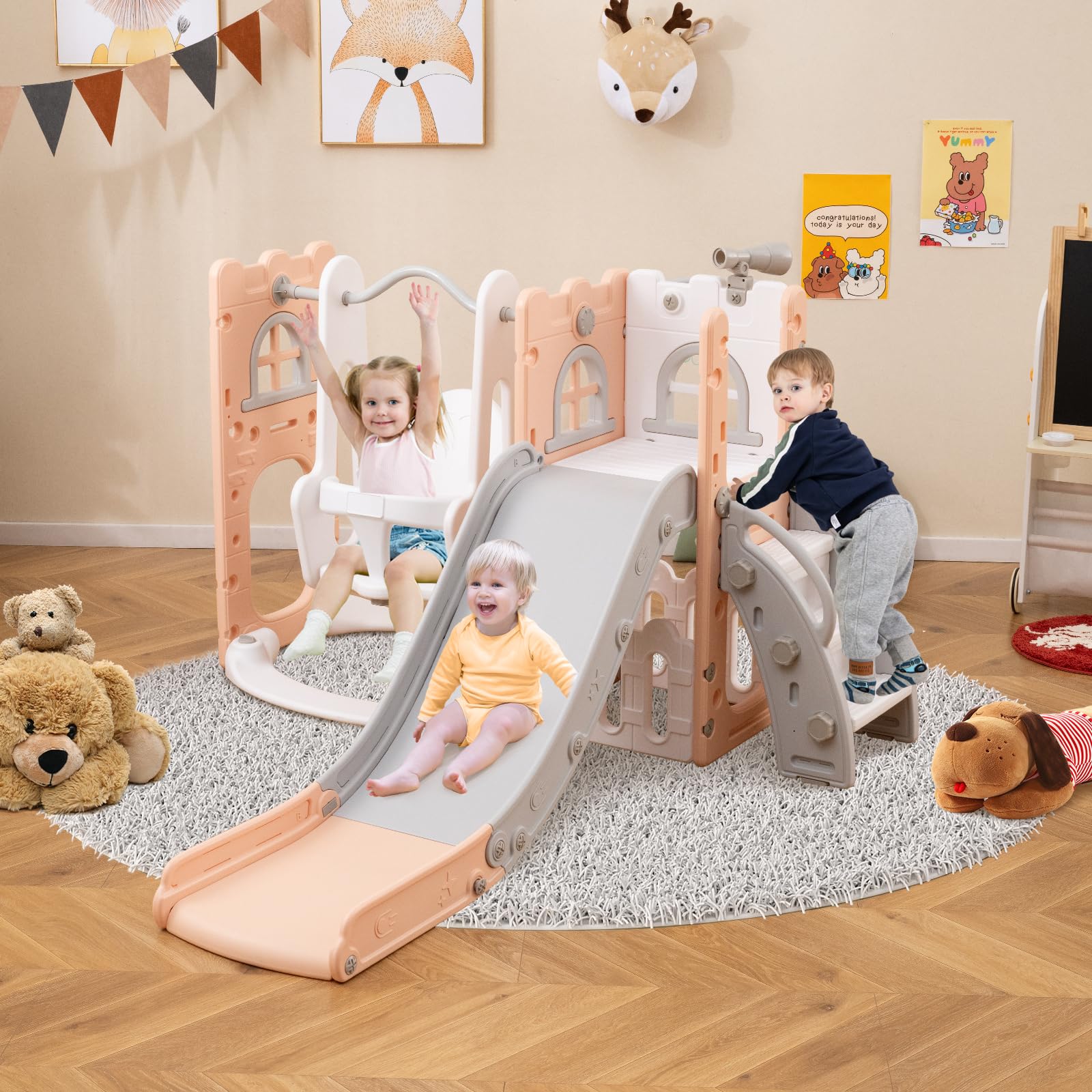 HOMASIS 7 in 1 Scivolo per Bambini da 1 a 3 Anni, Altalena Interna per Bambini con Scala, Telescopio, Canestro da Basket e Spazio di Stoccaggio, Area Giochi, Abilità Motorie (Rosa)