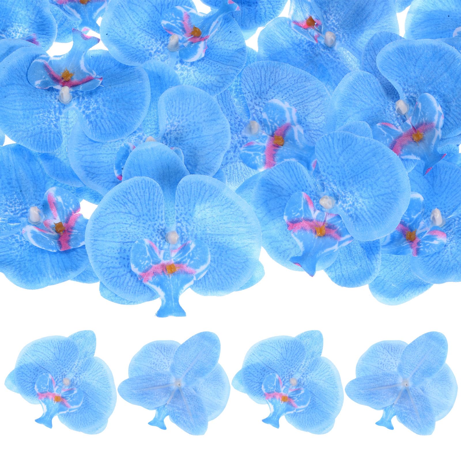 M METERXITY 20-Pack Artificial Orchid Flower Heads, Silk Faux Butterfly Flowers Head for Wedding/Bouquet/Bridal/Party Decor, Fake Phalaenopsis Petals Bulk [3.54 Inch, Blue]