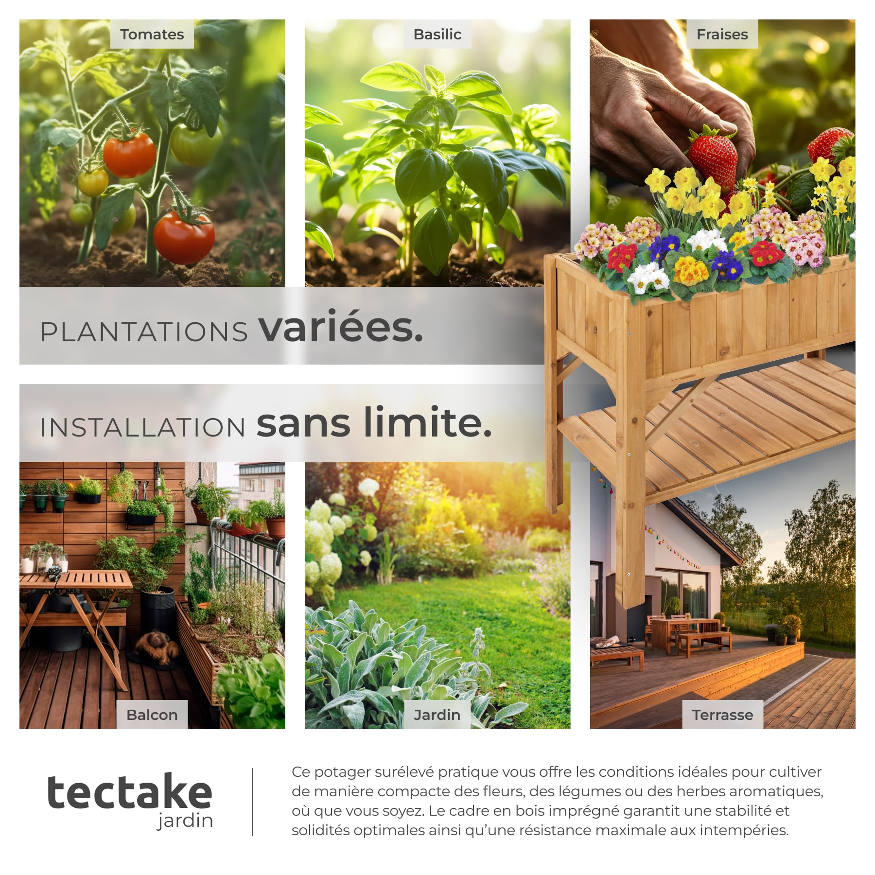 tectake® Carré Potager de Jardin sur Pied surélevé en Bois, Bac à semis Jardiniere Bois avec Rangement pour Les Outils, pour Amenagement Serre de Jardin - 119 x 57 x 90 cm
