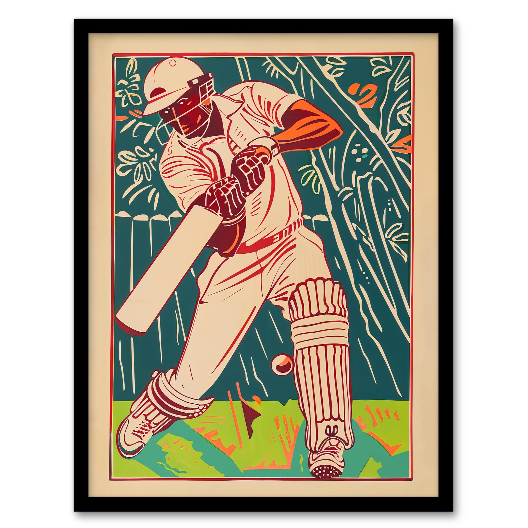 Artery8 Cricket Player Batsman Shot Bright Portrait Man Cave Fathers Day Artwork Framed Wall Art Print 18X24 Inch