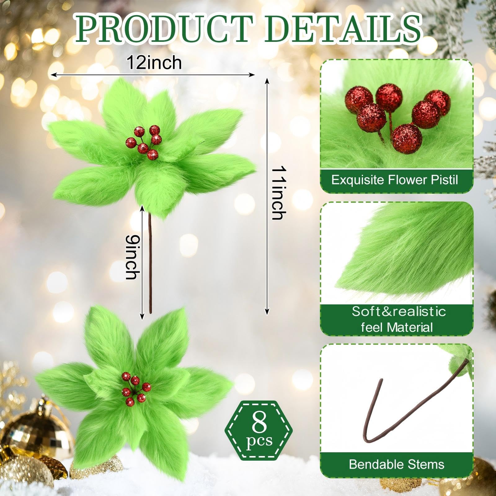 Chunyin 8 Flores Navideñas de Peluche 30 cm Flores Artificiales Grandes Ramas de Flores Artificiales Decoración del Árbol de Navidad Flor de Pascua Artificial para Navidad Año Nuevo Boda (Verde Rojo)