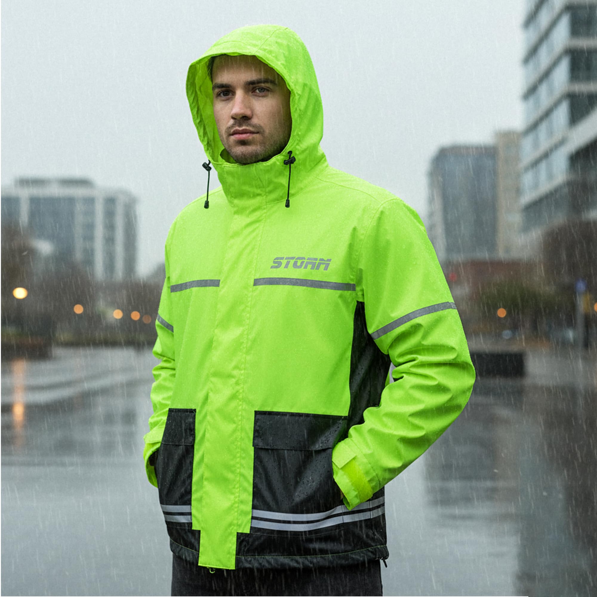 STORM Tuta Antipioggia Impermeabile 2 Pezzi con Inserti Elasticizzati, Giacca + Pantaloni Abbinati ad Alta Visibilità Yellow Fluo, Antivento con Cappuccio a Scomparsa (Giallo/Fluorescente, Small)