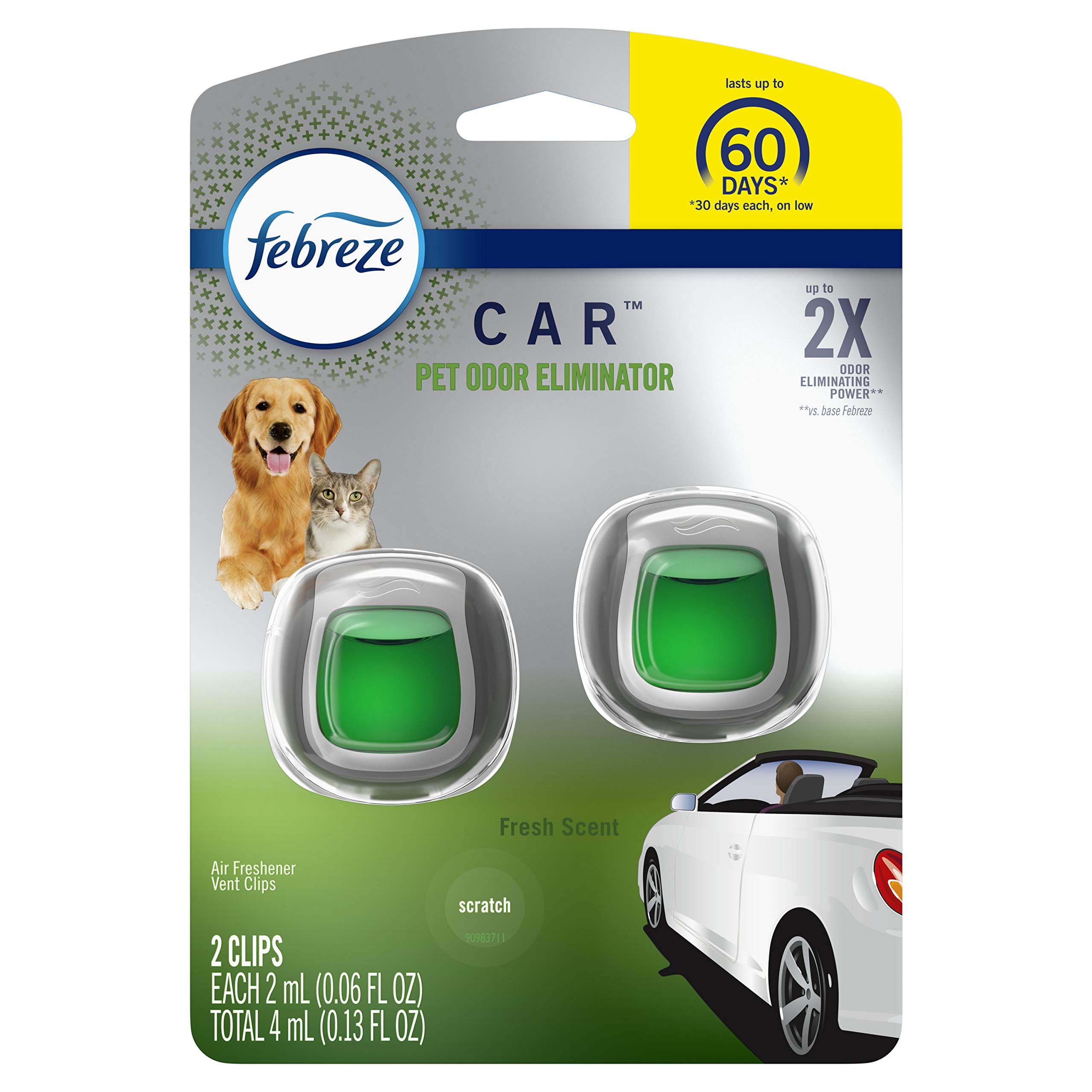 Febreze Car Pet Odor Eliminator Air Freshener Vent Clip Up to 30 Days Freshness Fresh Scent 2 Count