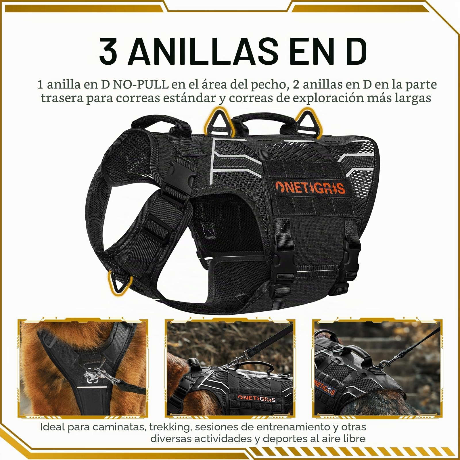 OneTigris Arnés Pecho Antitirones Perros, Aire Armor Mesh Arnés Perro Reflectante Ajustable, Táctica Arnes Perro Grande Mediano, con 2 Asas y 3 Anillos, con Sistema Molle - Negro L