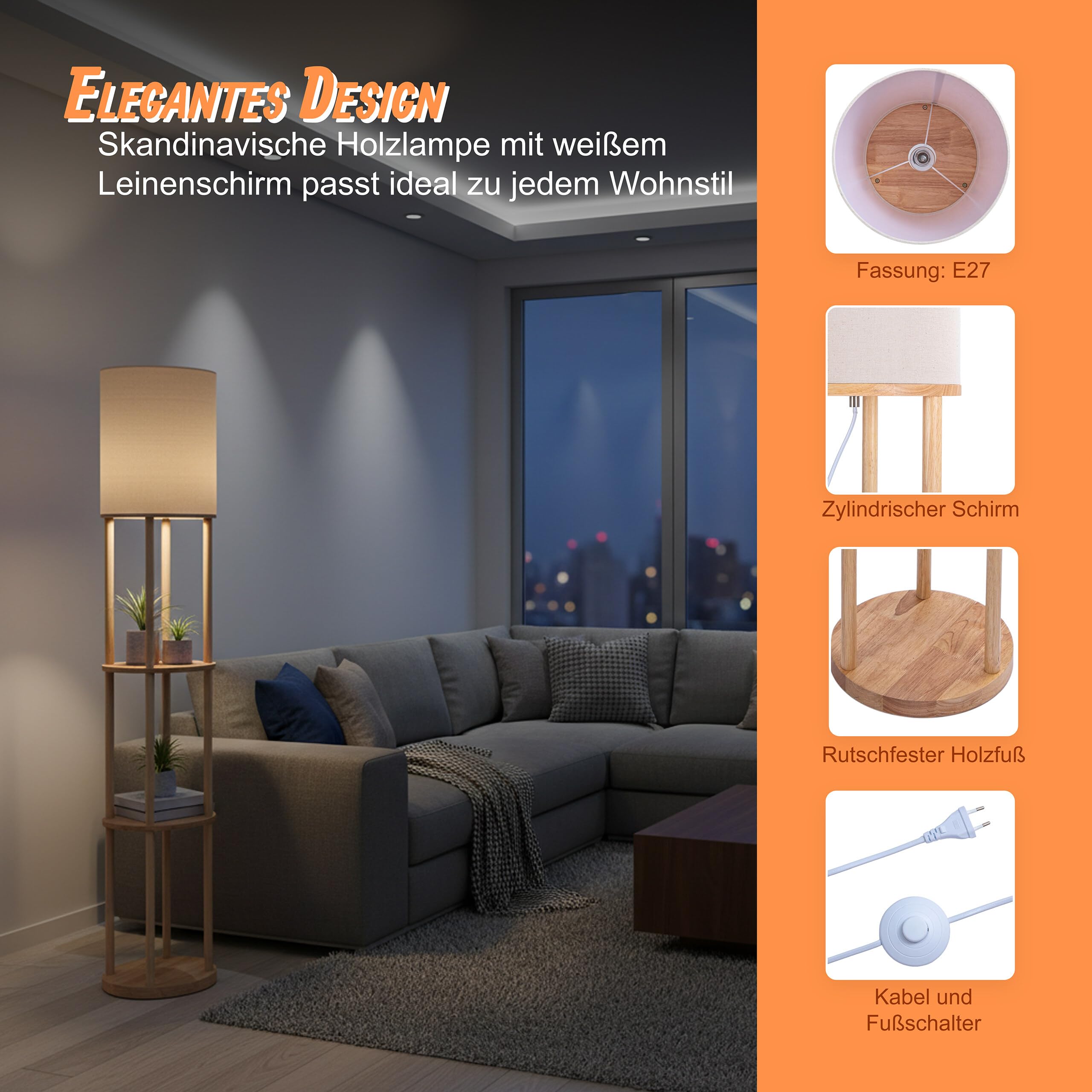 Relaxdays Stehlampe mit Regal, HD: 180 x 30 cm, E27-Fassung, Holz & Leinen, modernes Design, Stehleuchte, Natur-weiß