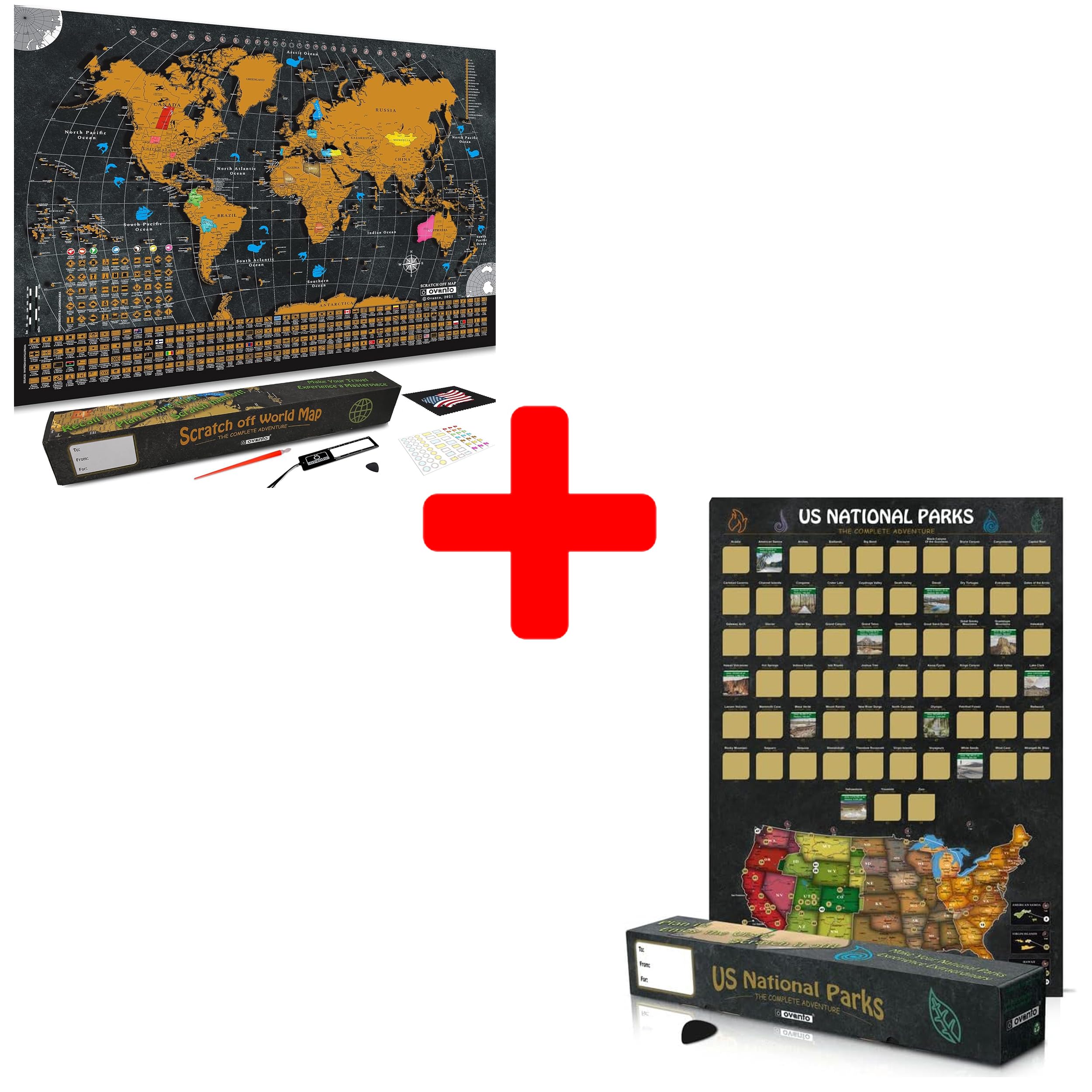 Scratch Off World Map - 17x24 World Map Poster + National Parks Scratch Off Map of United States Poster – All 63 US National Parks Map – (16.5” X 23.4”)